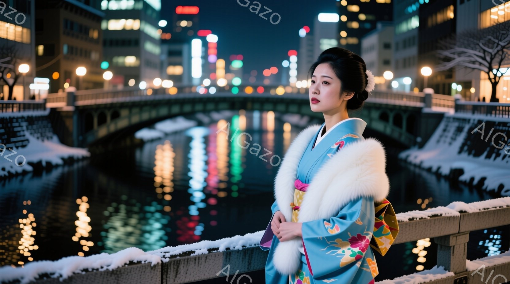 明るい青色の着物を着た女性が、毛皮のショールを羽織り、橋の上で遠くを見つめています。彼女は髪を上品にまとめ、控えめな微笑みを浮かべており、夜の街の光が水面に反射して幻想的な雰囲気を醸し出しています。背 - AI生成フリー素材