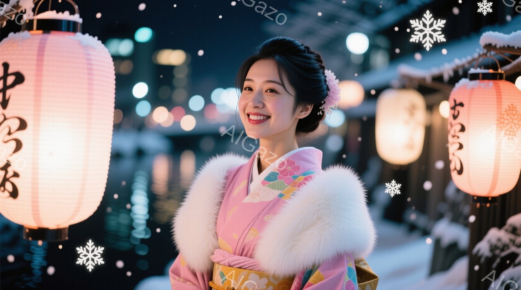 鮮やかなピンク色の着物と白くふさふさとしたショールを身に着けた女性が、微笑みを浮かべてこちらを見ている。背景には、ぼんやりと光る提灯が並び、雪が舞う幻想的な夜の風景が広がっている。彼女の髪は上品にまと - AI生成フリー素材