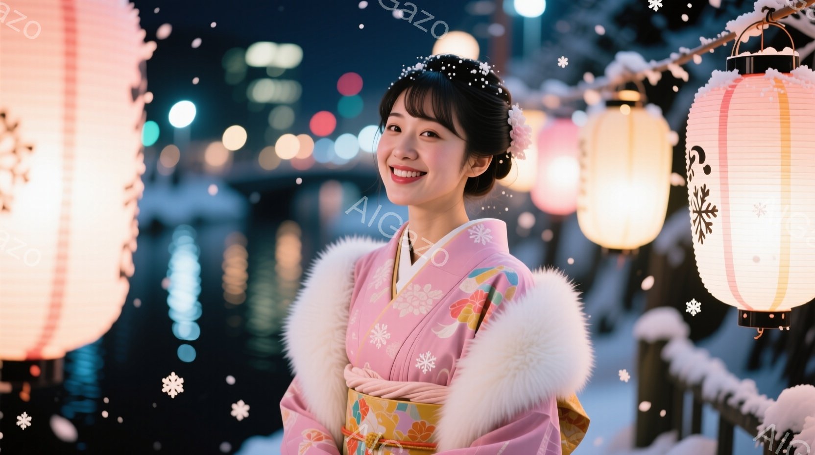 ピンク色の着物と白いファーのショールを身につけた女性が微笑んでいます。彼女は髪をアップにし、飾りを付けており、背景には雪が降り積もり、提灯が灯っています。冬の夜の穏やかで幻想的な雰囲気が漂っています。 - AI生成フリー素材