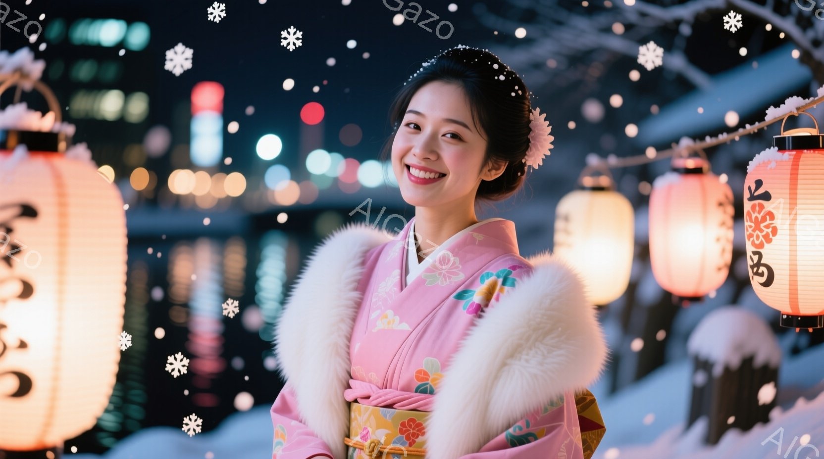 鮮やかなピンク色の着物を着た若い女性が、微笑みを浮かべて正面を見つめています。白いファーのショールが肩にかけられ、髪には花飾りをつけています。背景には雪が舞い、遠くにぼやけた都市の明かりが見え、幻想的で温かい雰囲気が漂っています。