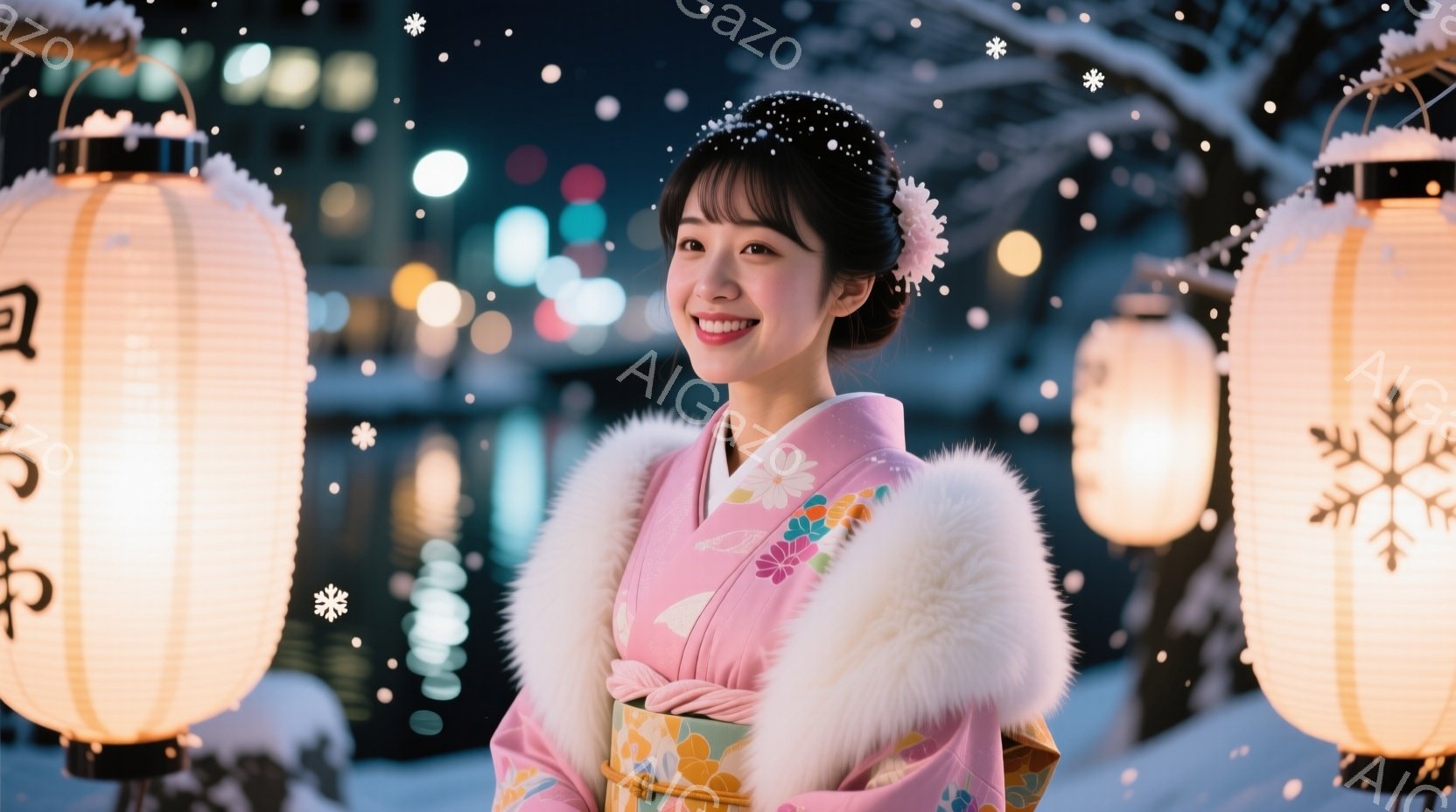 鮮やかなピンク色の着物を着た若い女性が微笑んでいます。白地に花柄が描かれた着物には、ふわふわの白いショールが羽織られ、髪は後ろでまとめられ、ピンクの花飾りがあしらわれています。背景にはぼやけた提灯と雪 - AI生成フリー素材
