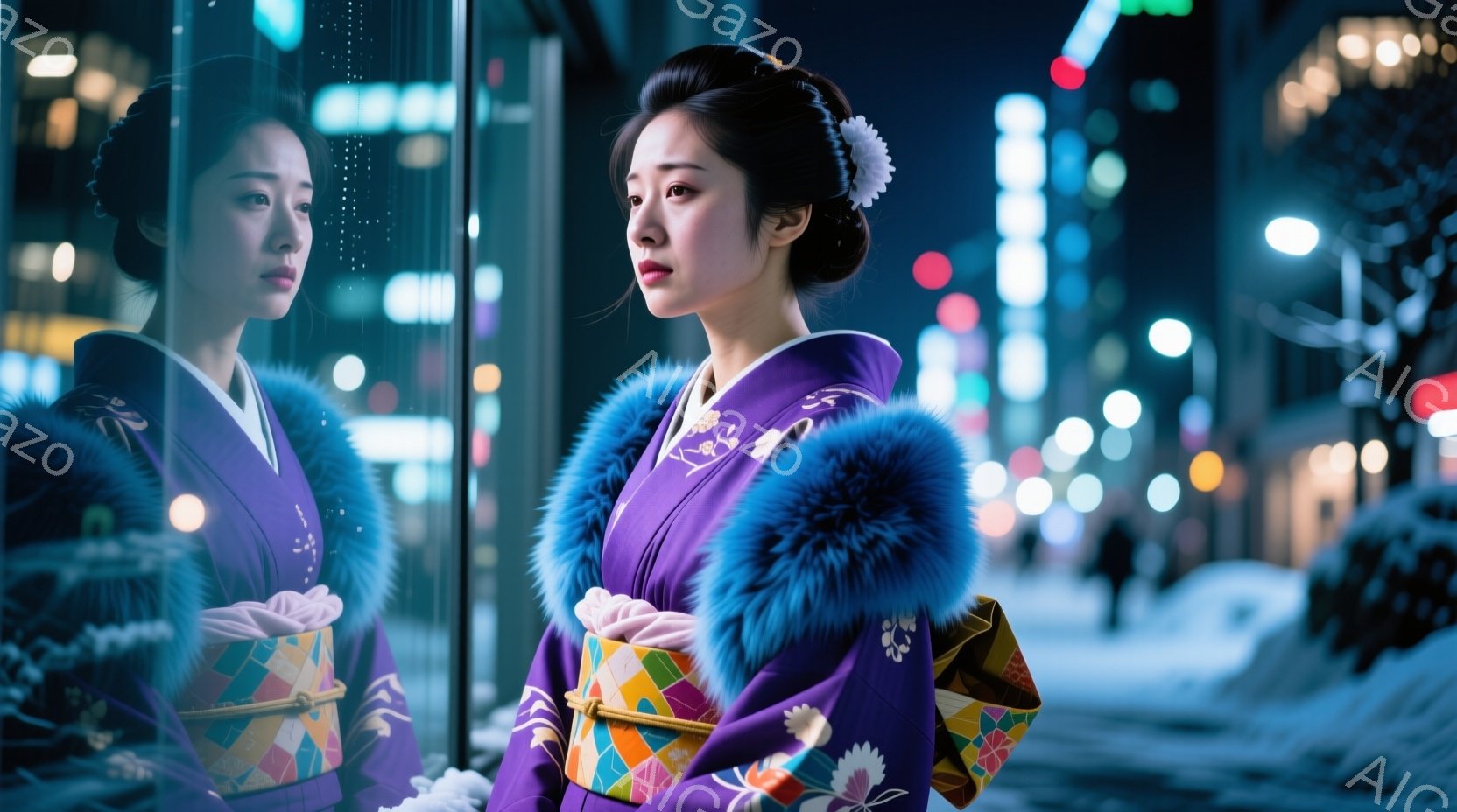 深紫色の着物を身につけた女性が、ガラス張りの窓辺に立っている。彼女は髪を高く結い上げ、正面を少し見下ろした表情で、どこか憂いを帯びている。背景には夜の街並みがぼやけて見え、雪が舞っている様子から、冬の静寂な雰囲気が漂っている。