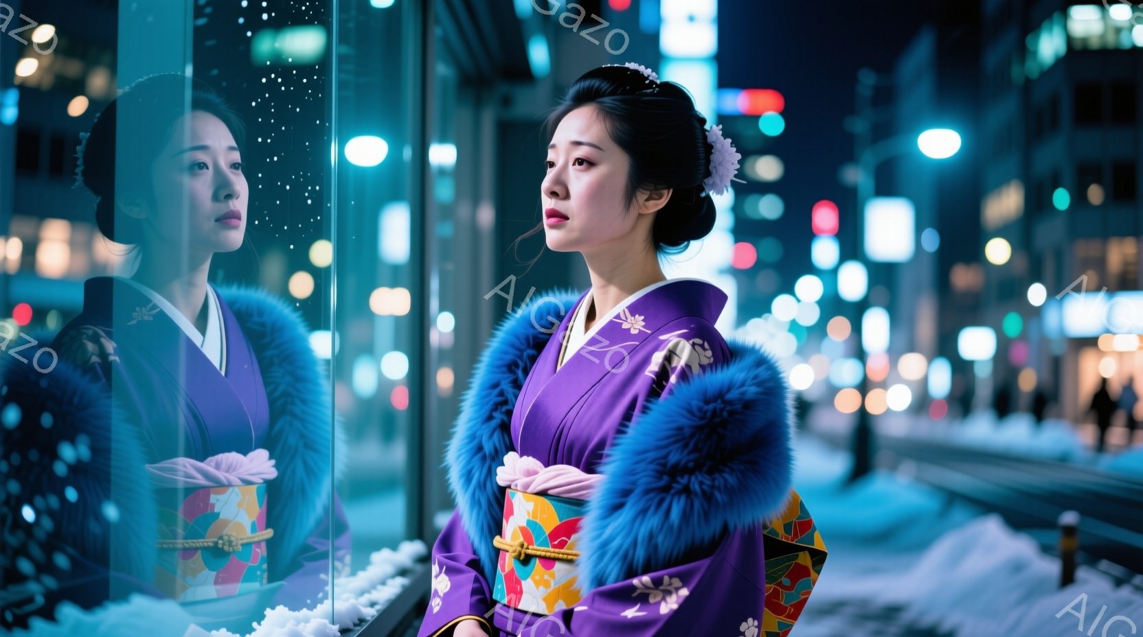 紫色の着物を着た女性が、雪の積もった窓辺に立っている。彼女は濃い青色のファーの襟巻を巻き、帯は鮮やかな模様が施されている。背景には、夜の街並みがぼんやりと見え、雪が舞い散る様子が描かれ、物憂げな雰囲気が漂っている。
