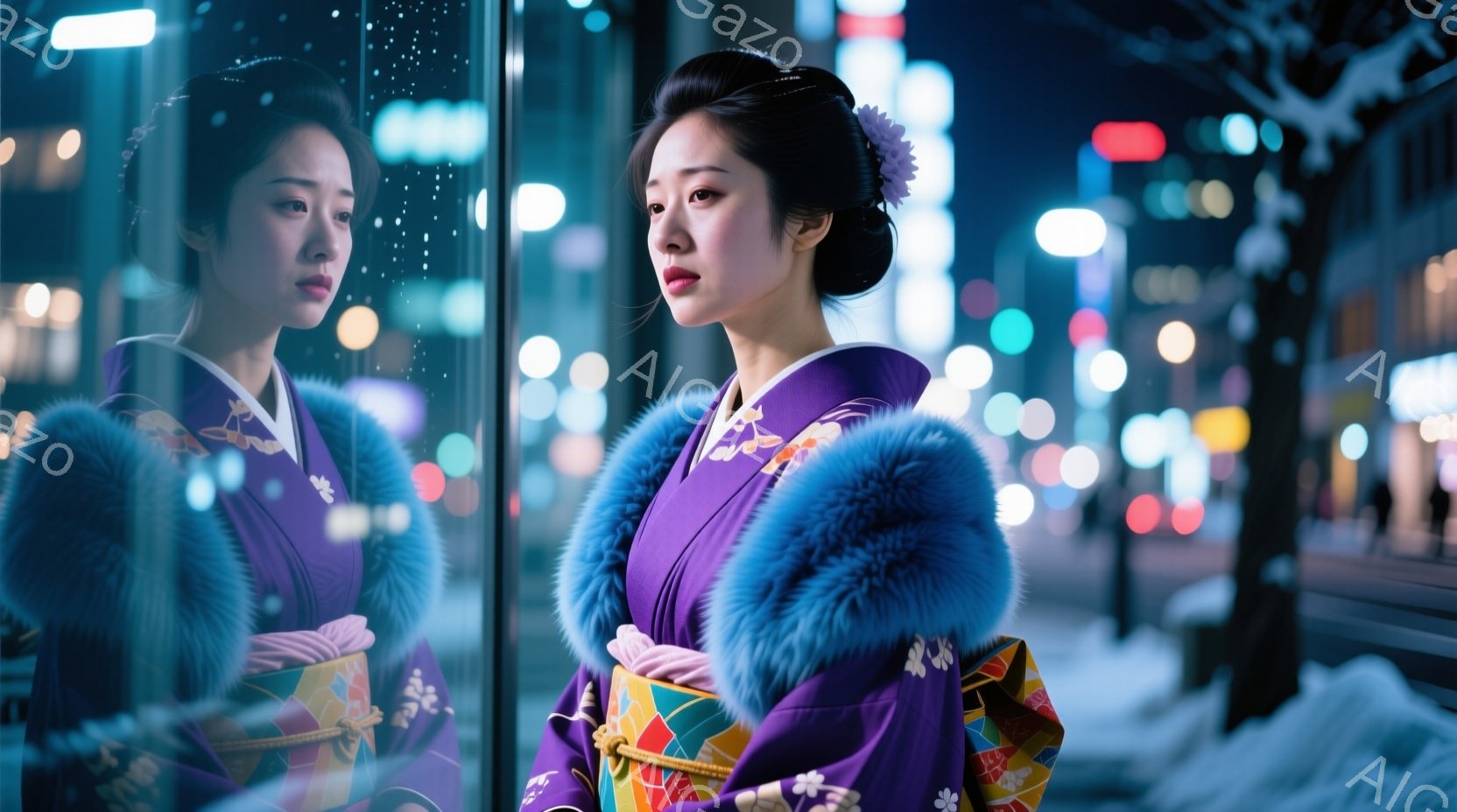 深い紫色の着物と、鮮やかな水色のファー襟が印象的な女性が描かれています。彼女は少し憂いを帯びた表情で、どこか遠くを見つめており、姿勢は少し内を向いています。背景には、夜の街並みがぼやけ、雪が舞っており - AI生成フリー素材