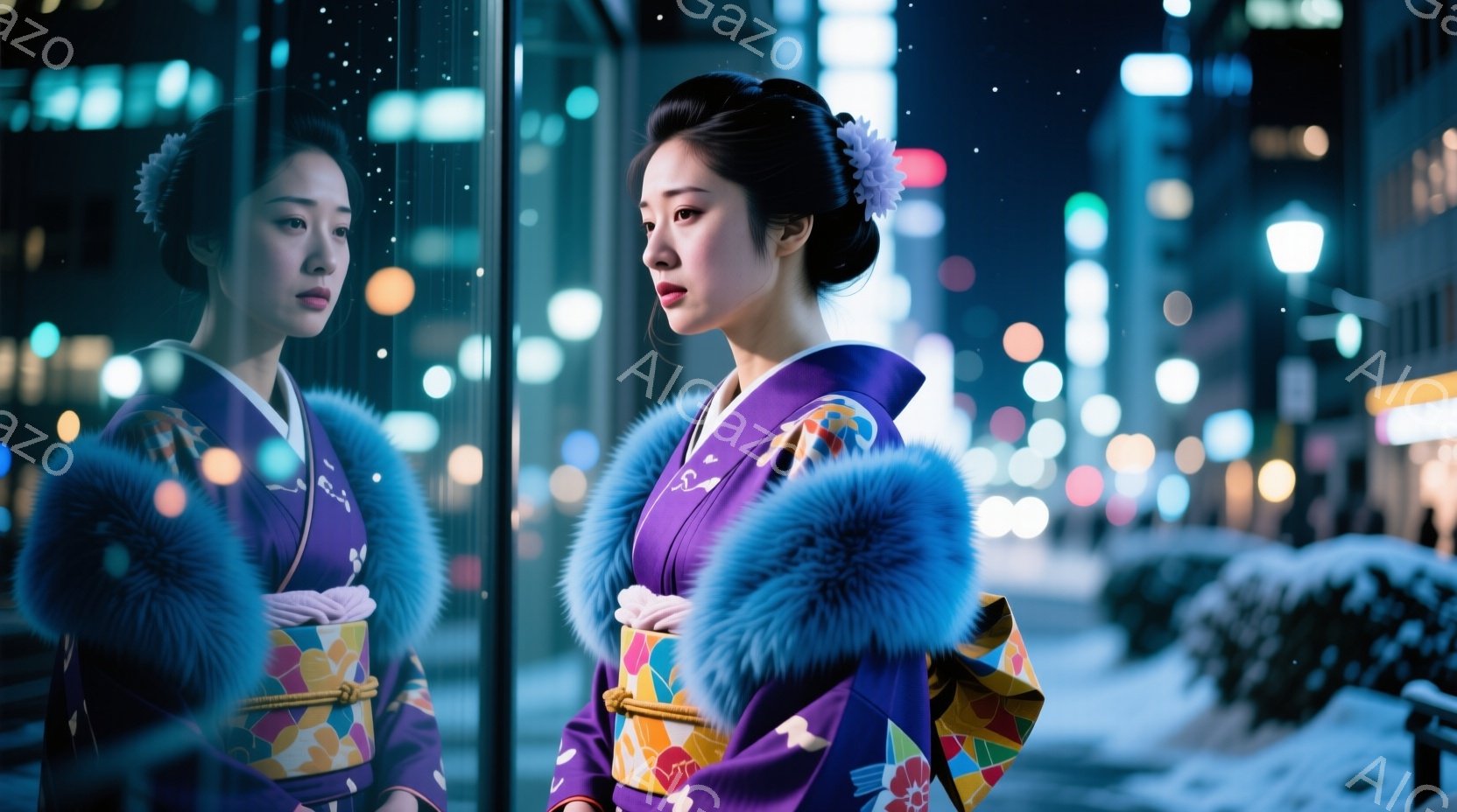 紫色の着物を着た女性が、雪が積もった街並みを背景に立っている。着物にはカラフルな模様が描かれており、首元にはふわふわの青いファーが巻かれている。女性はやや憂いを帯びた表情で、遠くを見つめている。 - AI生成フリー素材