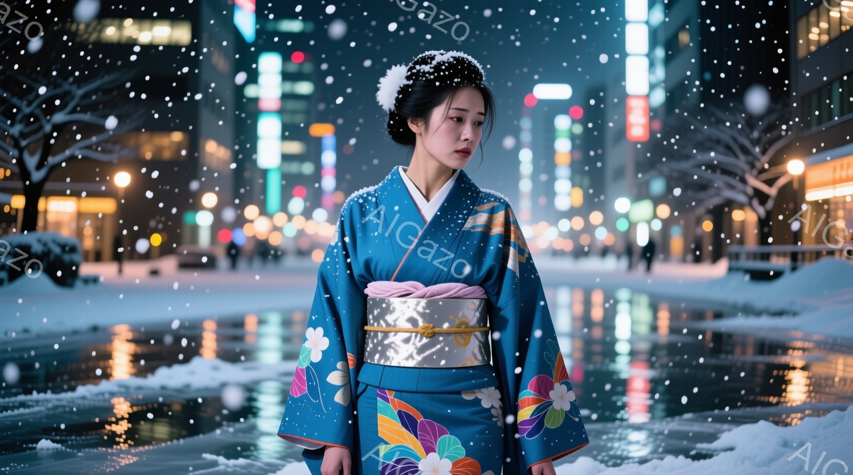 鮮やかな青色の着物を身に着けた女性が、雪が降る夜の街に立っている。着物には、ピンクや黄色、緑色の花が描かれており、銀色の帯が締まっている。彼女は前を見据え、少し憂いを帯びた表情をしており、周囲の光が水面に反射して幻想的な雰囲気を醸し出している。