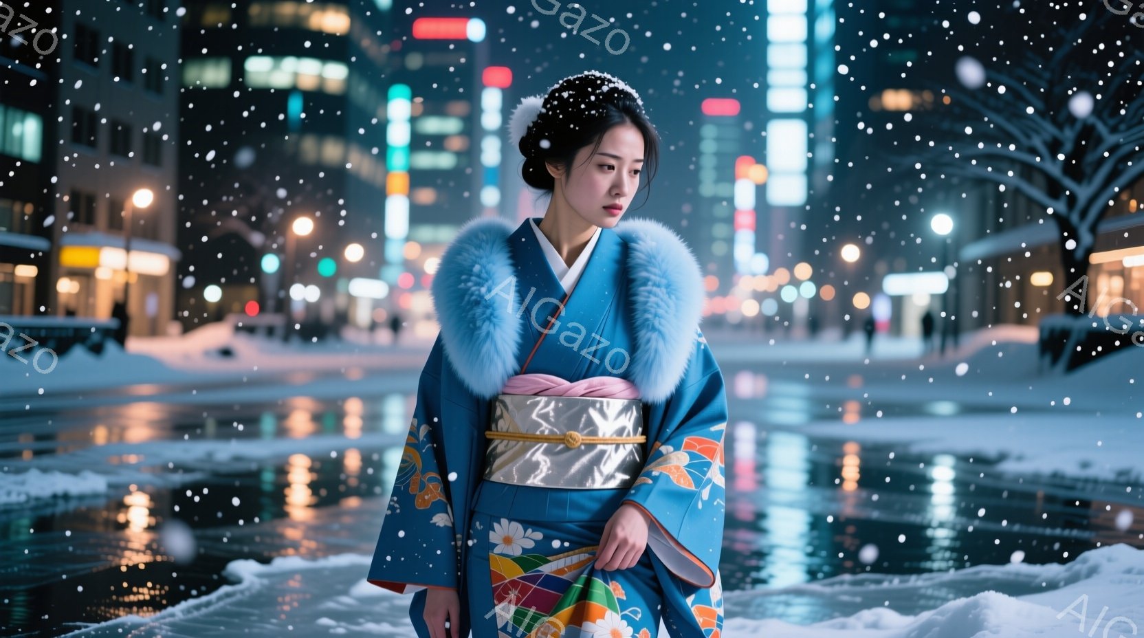 青い着物に白いファーの襟巻きをつけた女性が、雪の降る夜の街を歩いている。彼女は少し悲しげな表情で前を見つめ、着物の帯は金色の輝きを放っている。背景には、夜景がぼんやりと見え、雪が舞い散る幻想的な雰囲気を醸し出している。