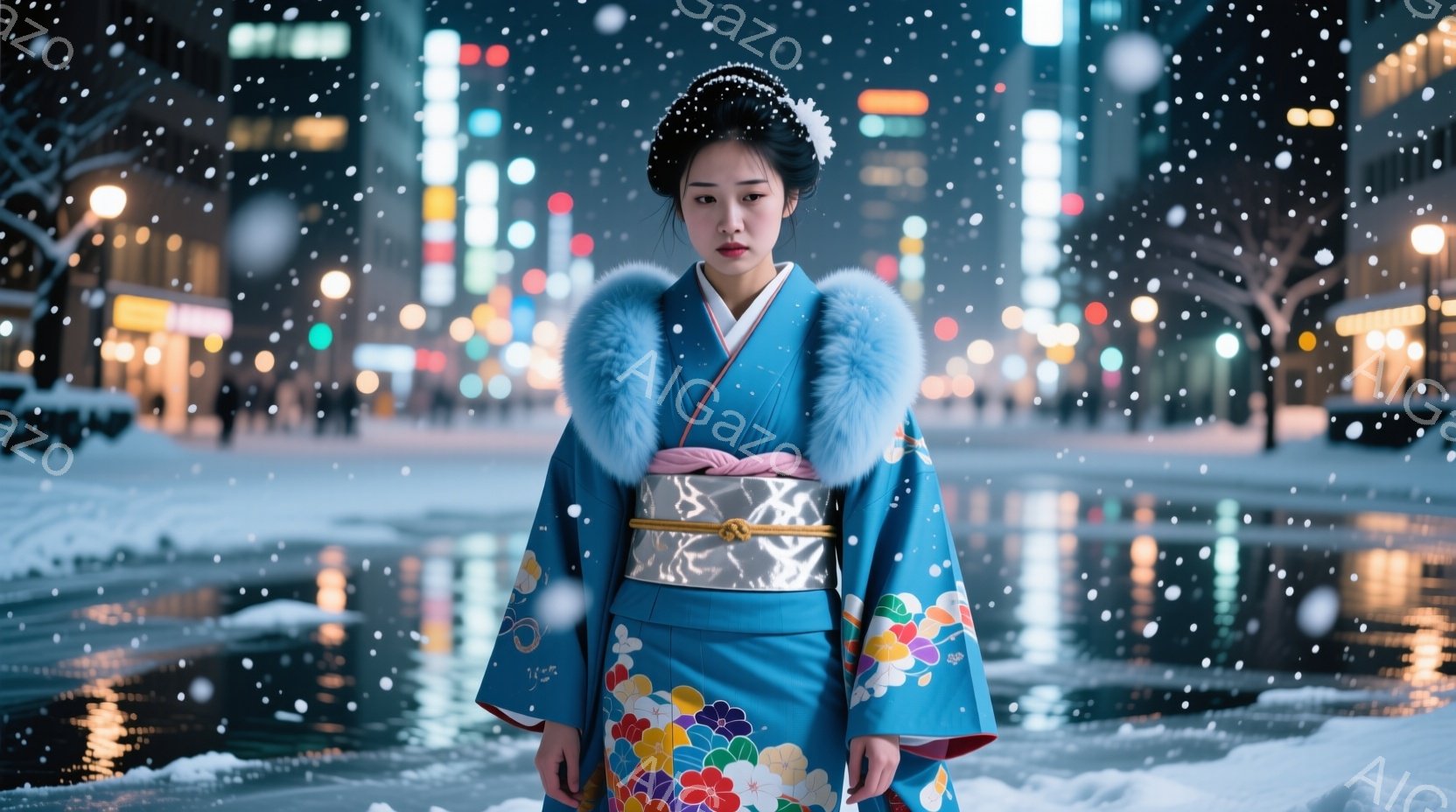 青い着物を着た女性が、雪が降る夜の街に立っている。着物にはカラフルな花模様が描かれ、首元にはふわふわの白いファーが飾られている。女性は正面を見据え、やや憂いを帯びた表情をしている。 - AI生成フリー素材