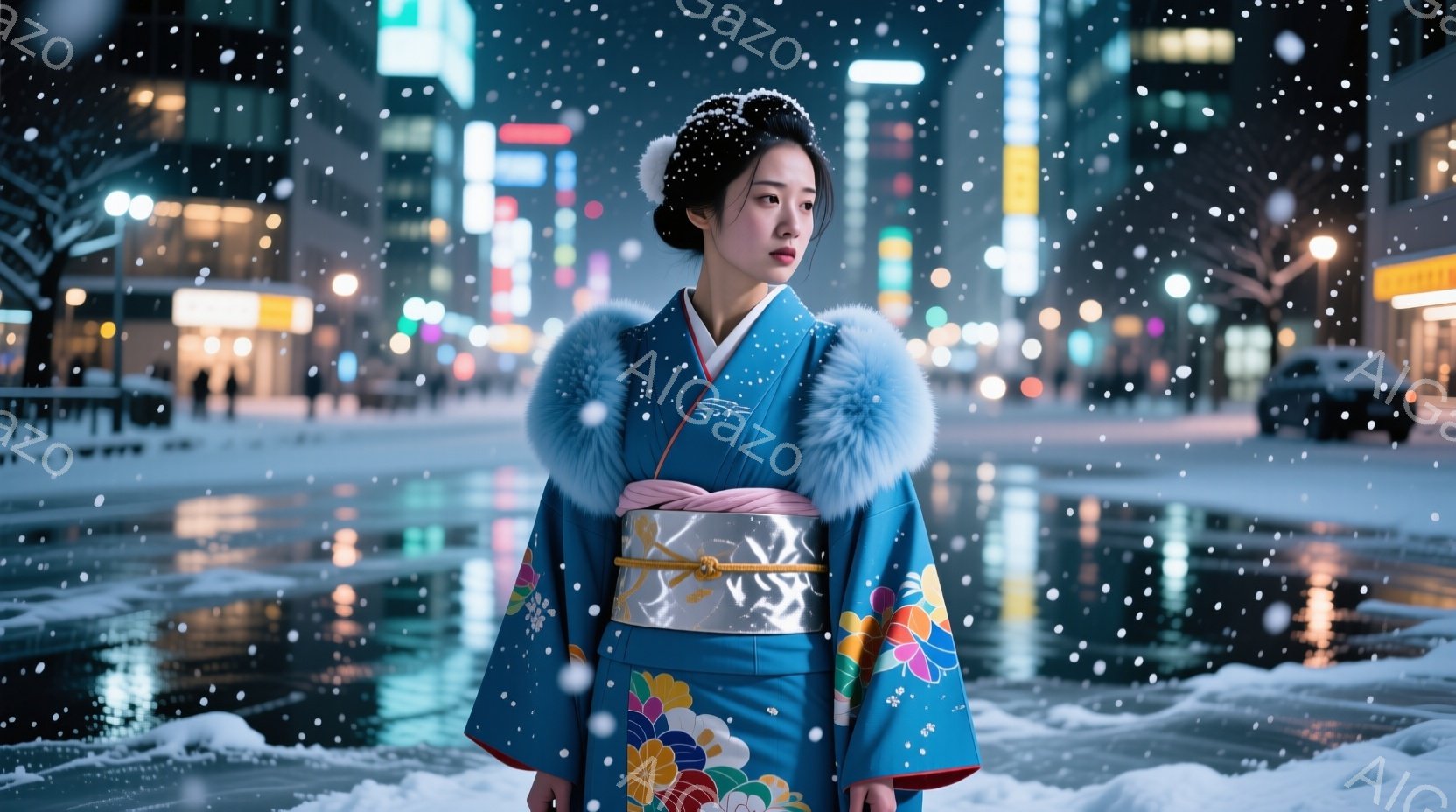 鮮やかな水色の着物を着た女性が、雪が降る夜の街に立っている。髪はきっちりとまとめられ、華やかなかんざしが飾られている。彼女は少し物憂げな表情で遠くを見つめ、凛とした佇まいを見せている。