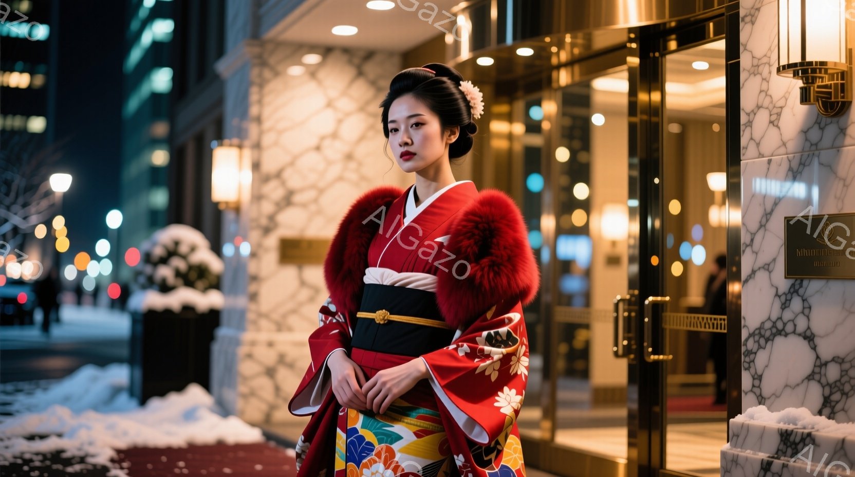 鮮やかな赤色の着物と、色とりどりの花模様が印象的な羽織を身に着けた女性が立っている。髪型は伝統的な髷（しんごん）で、表情は凛々しく、やや横を向いている。背景は雪が積もった夜の街並みで、ホテルの入り口の華やかな光が女性を照らし出し、冬の夜の優雅さと厳かさを感じさせる。