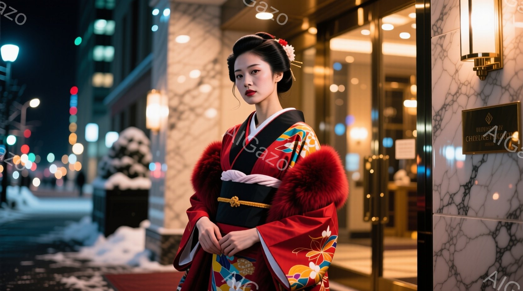 深紅色の着物を着た女性が、夜の街並みを背景に立っている。髪型は伝統的な髷で、顔立ちは美しく、どこか憂いを帯びた表情をしている。背景には近代的な建物が映り込み、雪が降っていることから冬の夜であることがわ - AI生成フリー素材