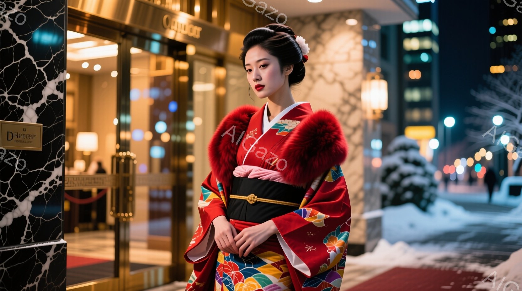 鮮やかな赤い着物を着た女性が、雪の降る夜の街に立っている。着物には様々な色合いの花柄が描かれており、豪華なファー襟が特徴的だ。彼女は微笑みを浮かべ、少し横を向き、洗練された雰囲気を醸し出している。 - AI生成フリー素材