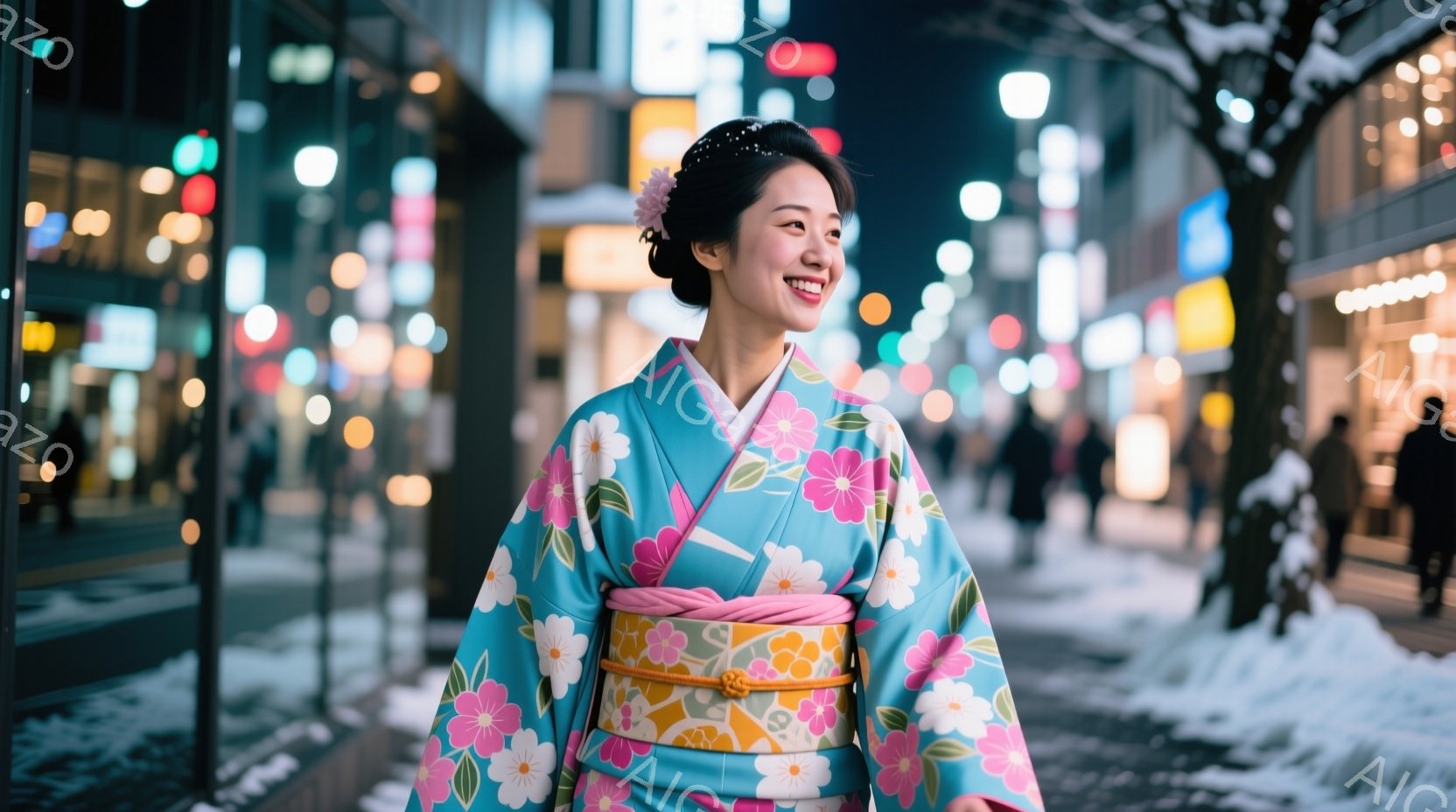 鮮やかな水色の着物を着た女性が、街路を歩いており、顔には穏やかな笑顔が浮かんでいます。彼女は髪を綺麗にまとめ、明るい表情でカメラの方を見ている様子です。背景には、夜の街並み、点灯した照明、そして雪が積 - AI生成フリー素材
