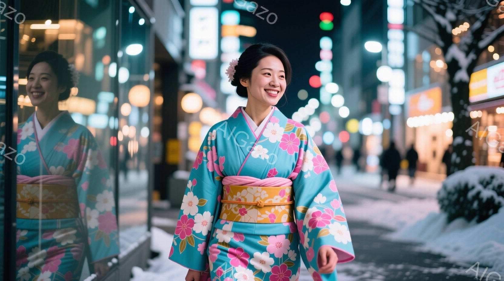 若い女性が明るい水色の訪問着を着て、街を歩いています。彼女は髪を後ろでまとめ、微笑んでおり、表情はとても穏やかです。背景には冬の夜の街並みがぼやけており、雪が積もった植物が見え、暖かく華やかな雰囲気が漂っています。