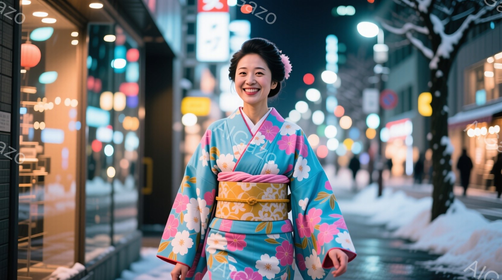 明るい水色の地にピンクと黄色の花柄が美しい着物を着た女性が、微笑みながらこちらを見ている。髪はきっちりとまとめられ、かんざしが飾られており、帯は明るい黄色とピンクのグラデーションが印象的だ。背景は夜の - AI生成フリー素材