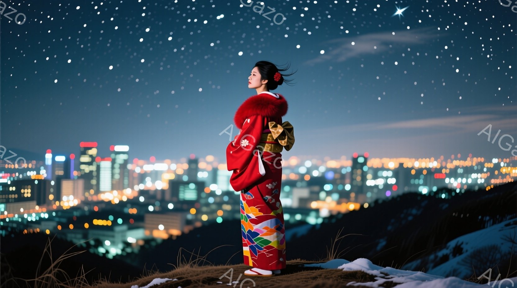 深紅色の着物を着た女性が、夜景を見下ろす丘の上に立っている。髪は後ろでまとめられ、鮮やかな色の帯が腰に巻かれている。背景には、きらめく都市の明かりと雪景色が広がり、幻想的な雰囲気を醸し出している。 - AI生成フリー素材