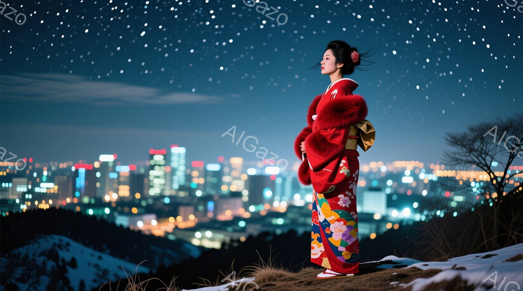 深紅色の豪華な着物を着た女性が、雪原の丘の上に立っている。着物には鮮やかな花模様が描かれ、肩には毛皮のショールが羽織られている。背後には夜景が広がり、きらめく都市の光が幻想的な雰囲気を醸し出している。