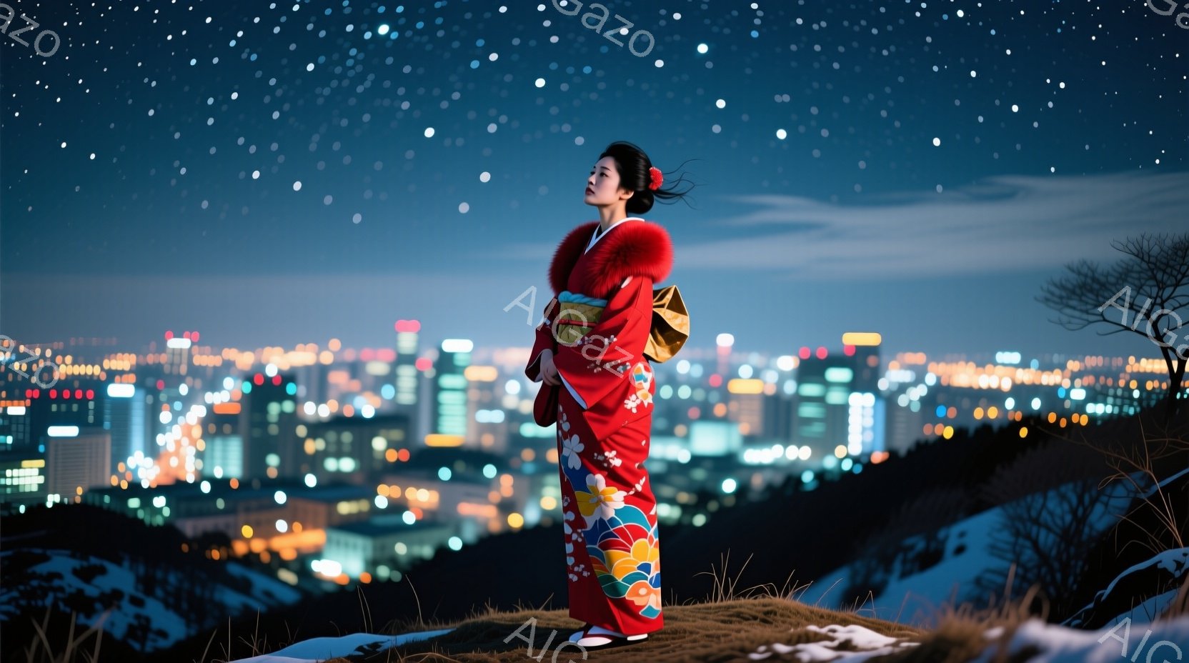 鮮やかな赤色の着物を身に着けた女性が、夜景を背景に佇んでいます。髪は後ろでまとめられ、メイクは上品で、少し憂いを帯びた表情をしています。背景には、冬の夜に輝く街並みが広がり、雪景色と夜景が織りなす幻想 - AI生成フリー素材