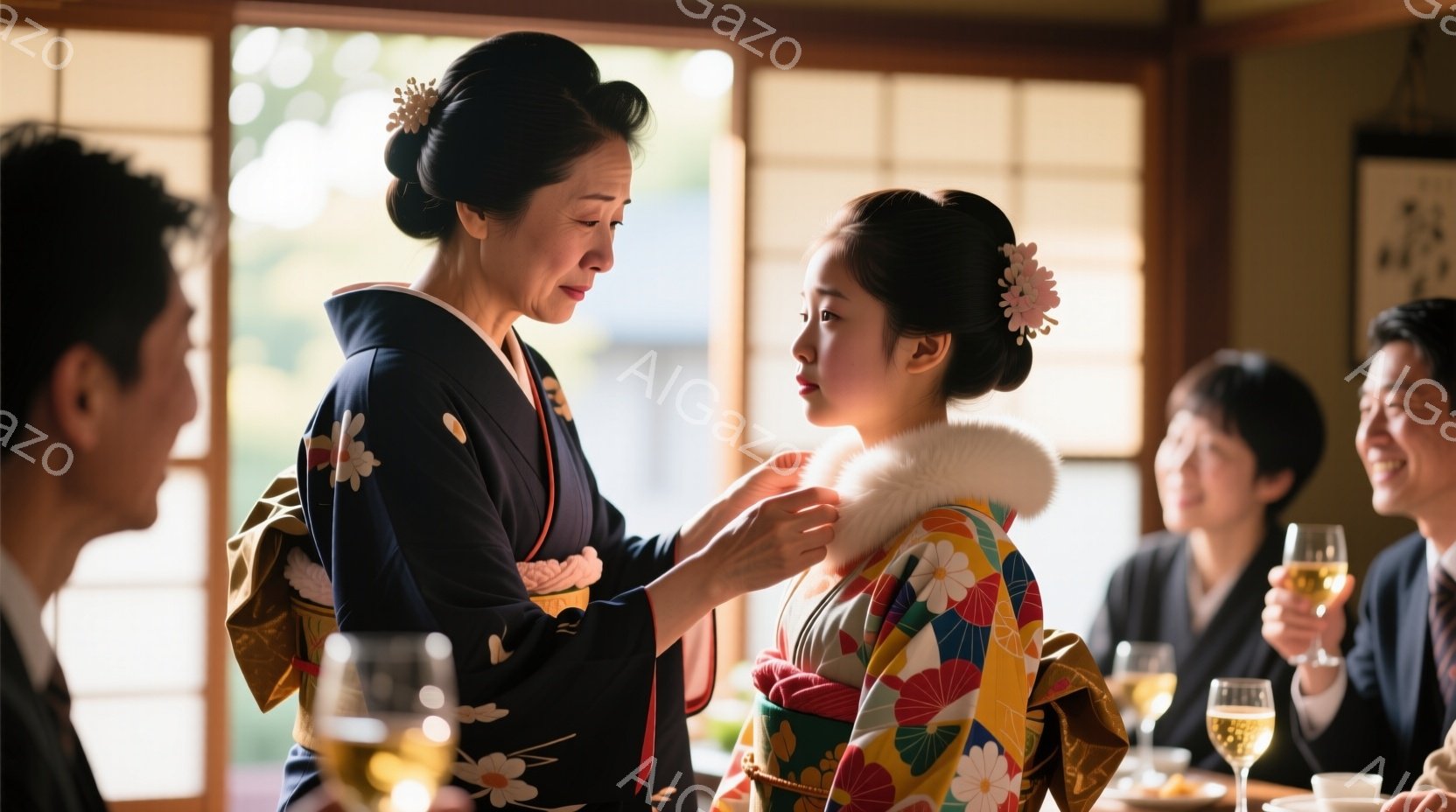 着物を着た女性たちが写っており、一人が年配の女性によって襟を整えられています。年配の女性は濃い青色の着物を着ており、髪を綺麗に結い上げて髪飾りをつけています。背景には畳の部屋、他の人々、そして窓から見える緑が確認でき、全体的に穏やかで伝統的な雰囲気が漂っています。