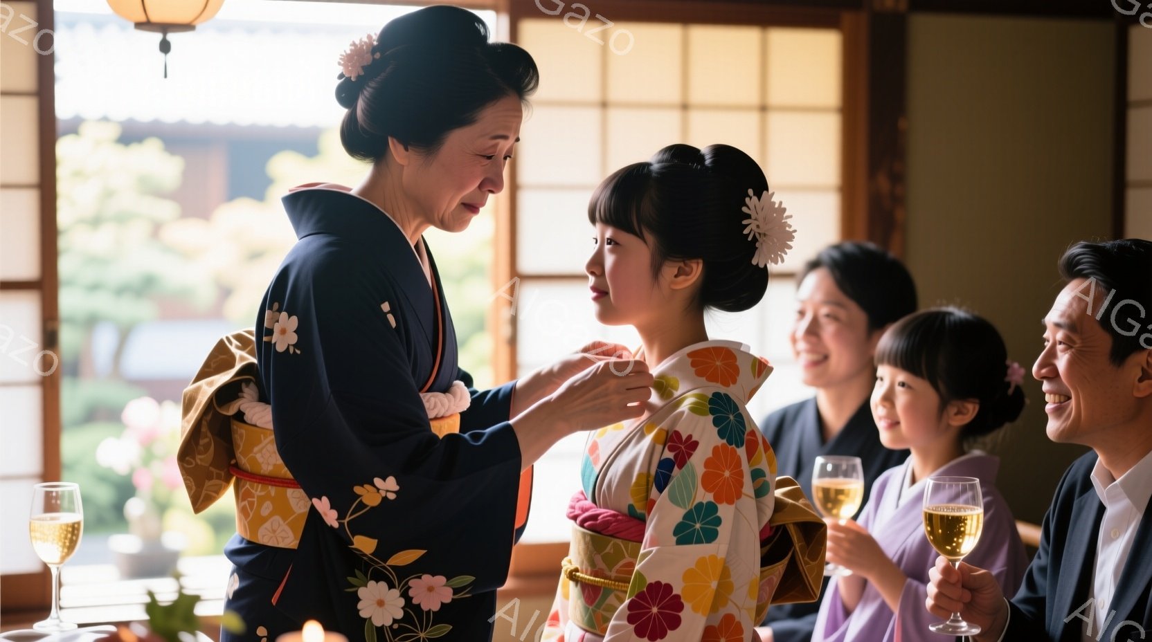 着物姿の女性が二人、室内で向き合っています。一人は年配の女性で、もう一人は若い女性で、年配の女性が若い女性の着物の襟を整えています。背景には、ワイングラスを持つ人々が写っており、室内は明るく、和やかな雰囲気が漂っています。