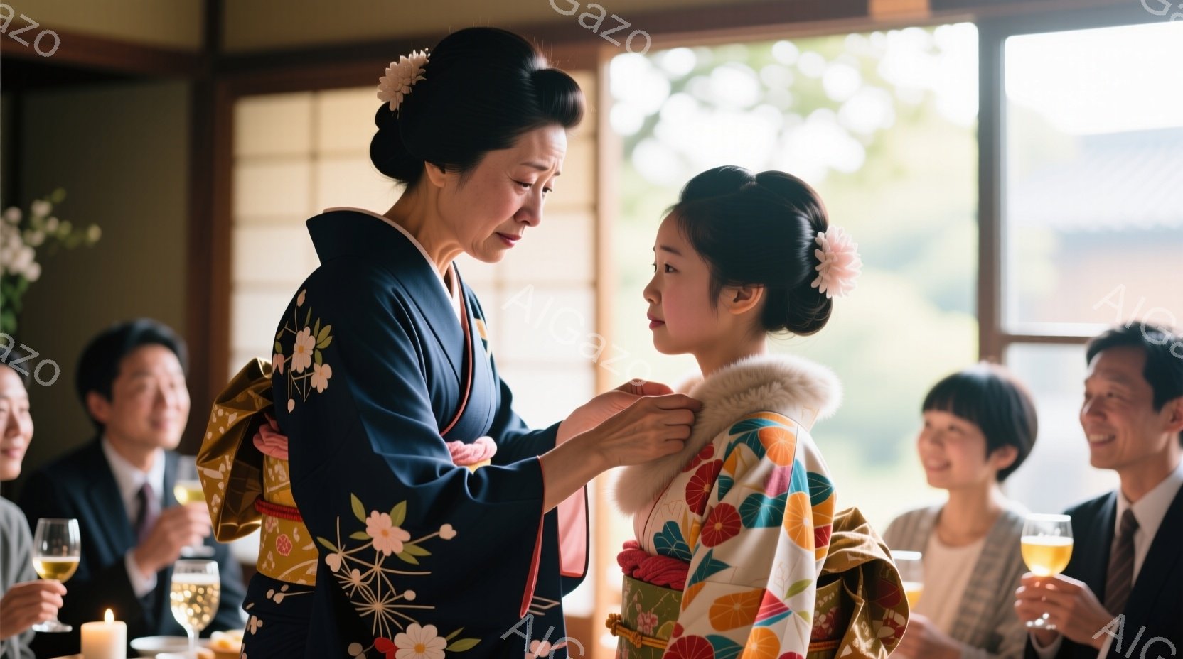 深い藍色の着物を着た年配の女性が、鮮やかな色合いの着物を着た若い女性の首元を調整しています。若い女性は控えめな表情で、やや俯き加減で立っており、年配の女性は丁寧にその着物の襟を整えています。背景には、暖炉やテーブル、そして微笑む人々が見え、室内は落ち着いた和やかな雰囲気が漂っています。