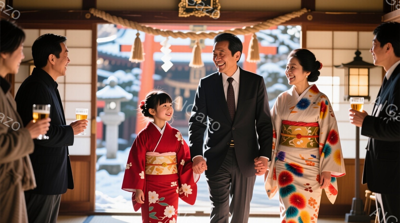 赤い着物を着た幼い女の子が、笑顔で父親の手を握り、神社の境内を歩いている。母親は明るい色の着物を着て、楽しそうに笑いながら二人を追っている。背景には赤い鳥居が見え、雪景色が広がり、暖かく幸せな雰囲気が漂っている。