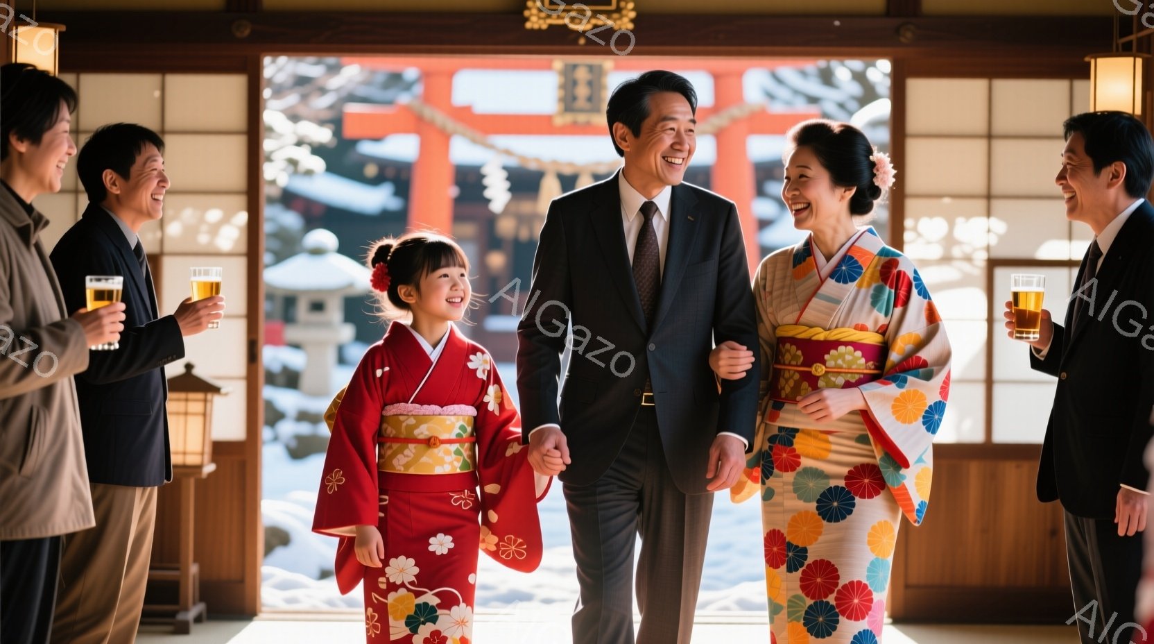 鮮やかな赤い着物を着た幼い女の子が、笑顔で父親と手をつないで歩いています。父親は黒いスーツにネクタイで、母親は青色の花柄の着物を着て、二人を笑顔で見送っています。背景には雪景色と、朱色の美しい鳥居が見 - AI生成フリー素材