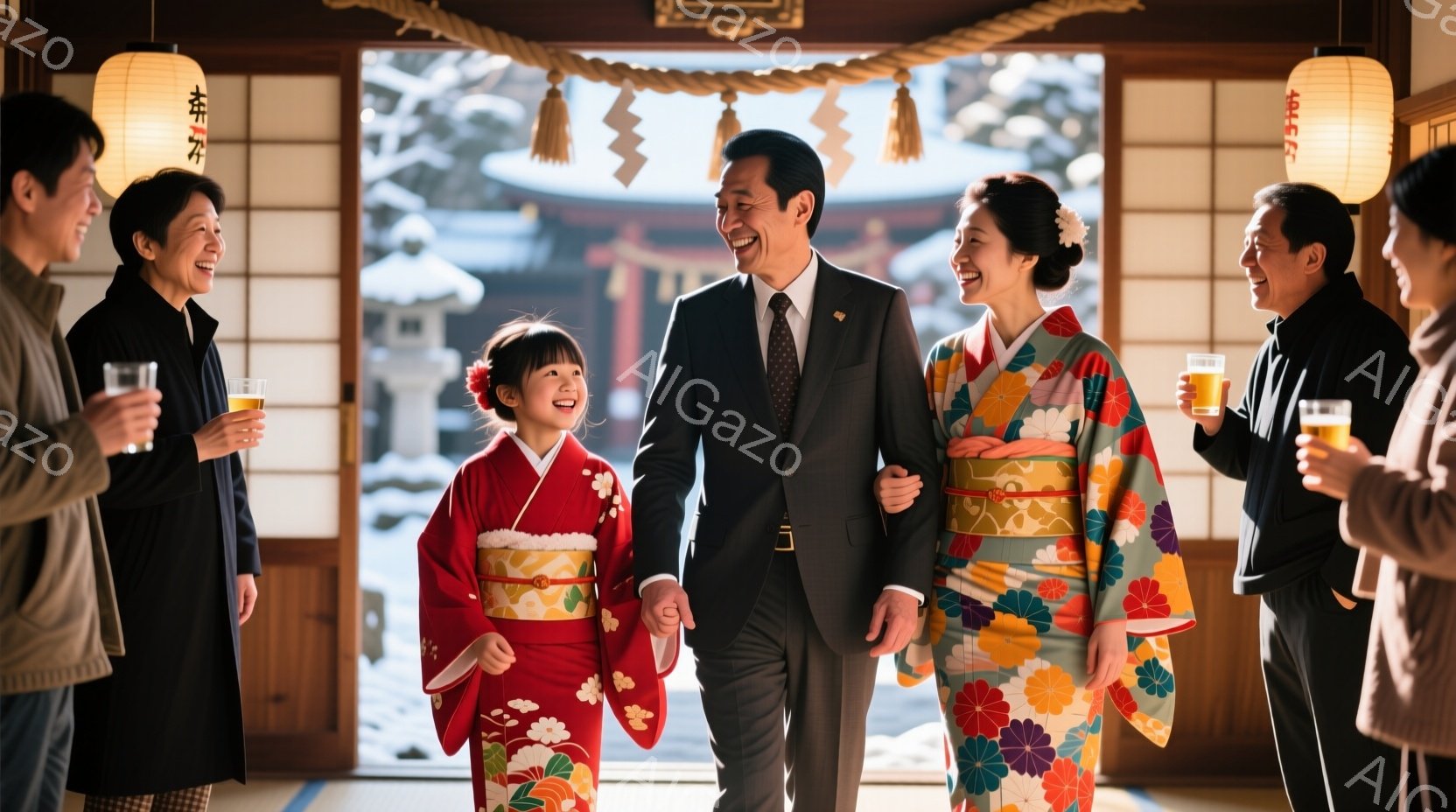 真っ赤な着物を着た幼い女の子が、笑顔で父親と手を繋いで歩いています。母親は華やかな着物を身に着け、二人の後ろを歩きながら微笑んでいます。背景には雪景色が見え、提灯が飾られた伝統的な建物から、温かく幸せ - AI生成フリー素材