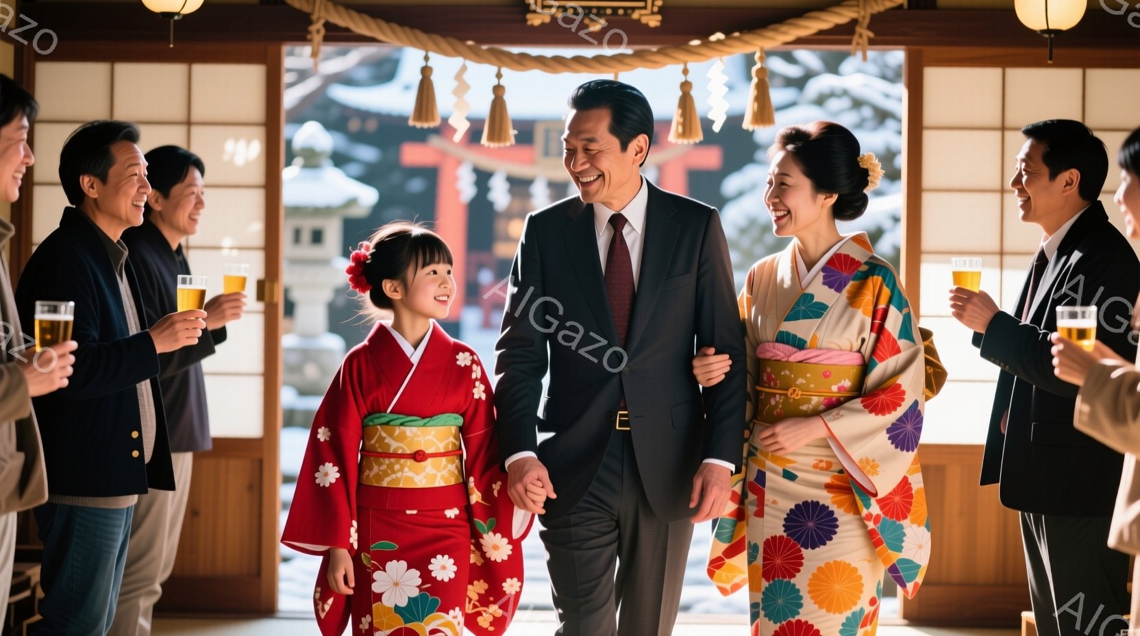 鮮やかな赤い着物を着た幼い女の子と、黒いスーツにネクタイ姿の父親、そしてクリーム色の着物を着た母親が、笑顔で並んで歩いています。背景には伝統的な日本の建物と雪景色が見え、室内は明るく暖かく、お祝いのような雰囲気が漂っています。周りの人々は手にグラスを持っており、特別な日を祝っている様子が伺えます。