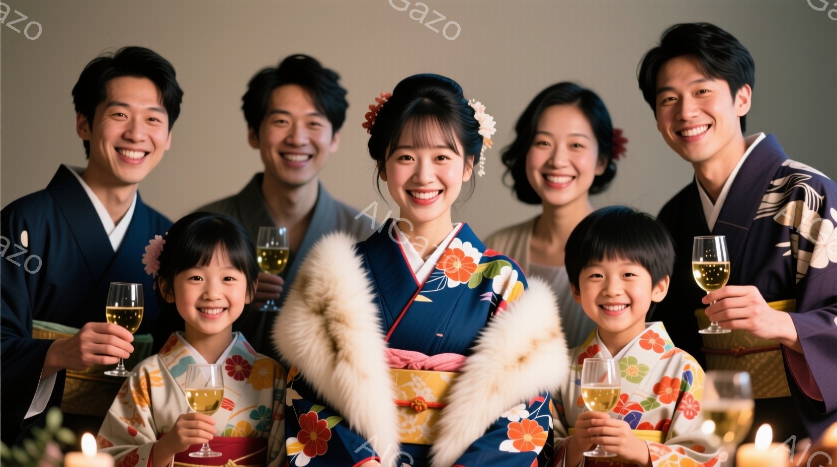鮮やかな着物を身に着けた家族が、グラスを手に笑顔で写っています。女性は深い青色の着物と、首に巻かれた白いファーのようなものを身に着け、上品なヘアスタイルで、中央に位置しています。背景は暗く、テーブルの上にキャンドルが灯っており、温かく幸せな雰囲気を醸し出しています。