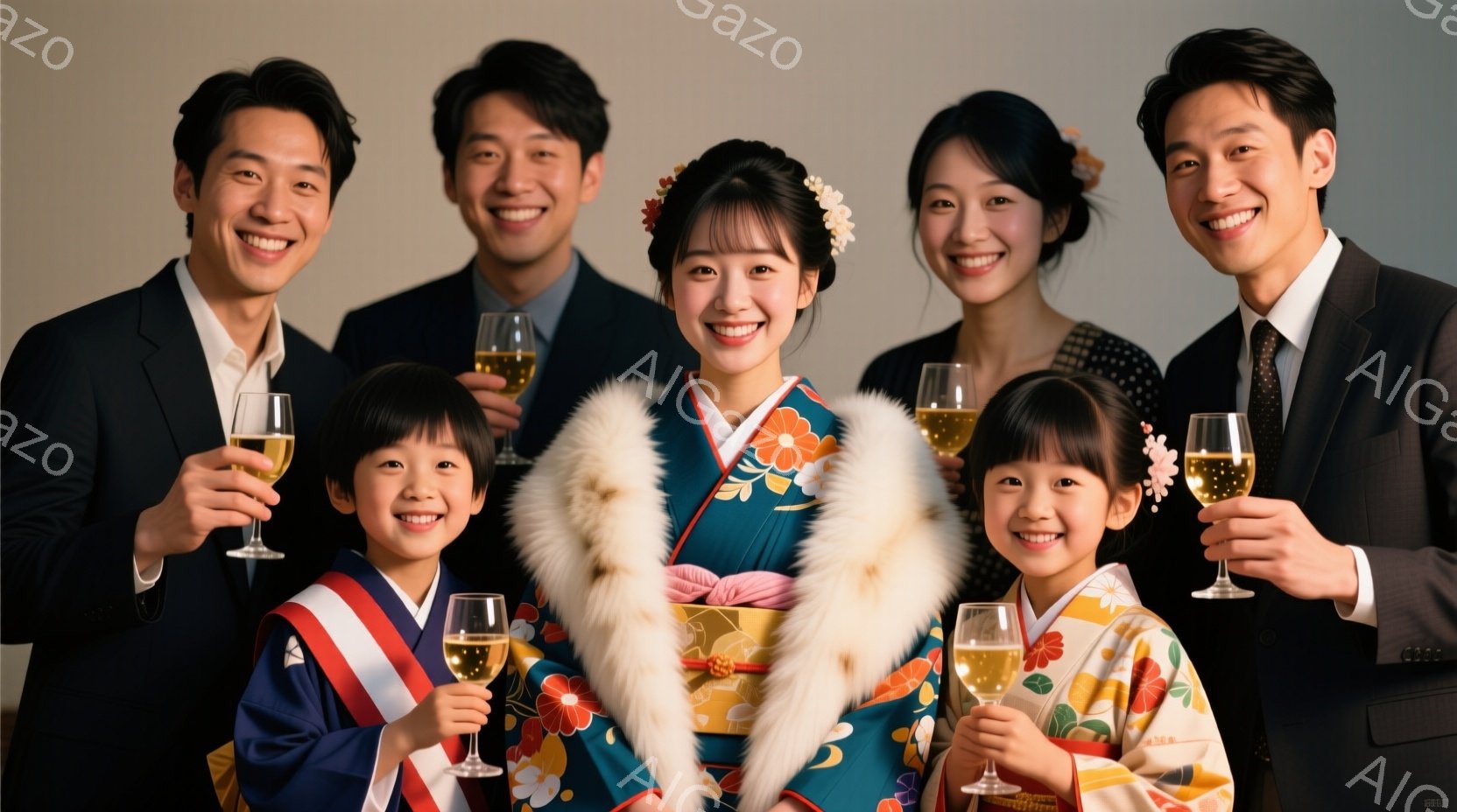 家族全員が笑顔でシャンパンのような飲み物を持っています。中央には、緑色の豪華な着物と白いファーのショールを身につけた女性がおり、両脇にはスーツ姿の男性と、着物を着た幼い女の子たちがいます。背景はぼかされており、お祝いの雰囲気が漂うフォーマルな場面であることがわかります。