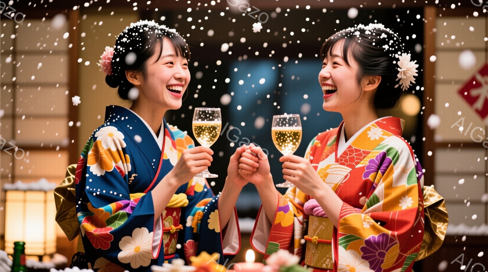 二人の女性が、鮮やかな色の着物を着て、互いにグラスを合わせ、楽しそうに笑っています。彼女たちは髪に花飾りをつけ、親密な雰囲気の中で新年を祝っているようです。背景には、ぼんやりとした日本の伝統的な室内、そして雪が舞っている様子が見られ、お祝いの雰囲気を高めています。