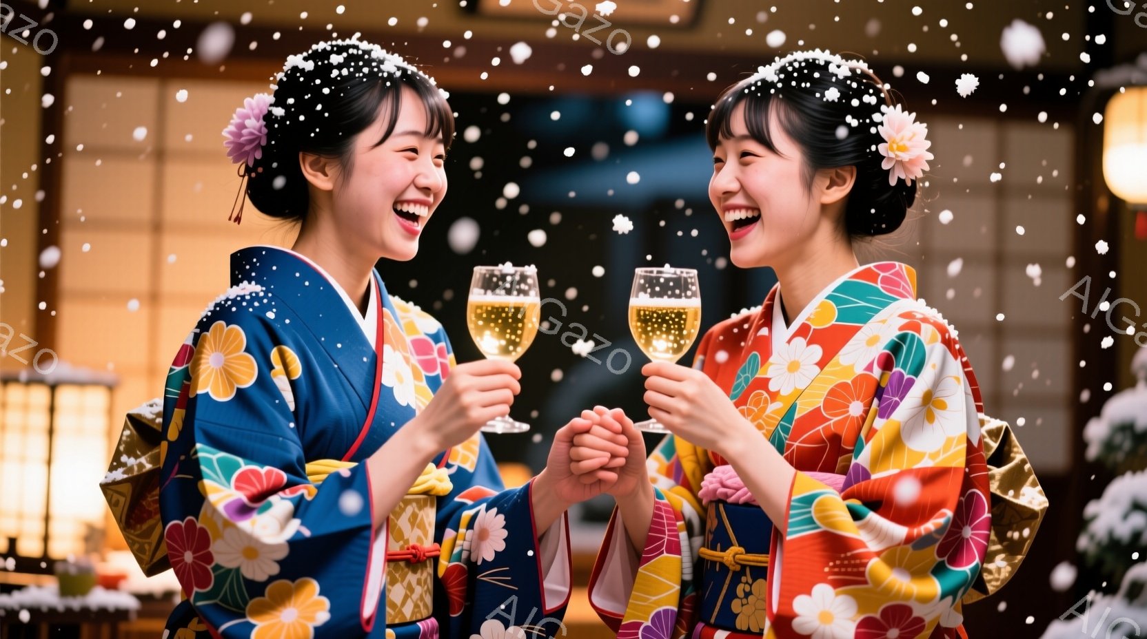 二人の女性が華やかな着物を身に着け、満面の笑みで互いのグラスを合わせようとしています。彼女たちは髪を高くまとめ、花飾りをつけており、背景にはクリスマスツリーと雪が舞う様子が見えます。温かく、お祝いムードに満ちた、冬の特別な瞬間を捉えた写真です。