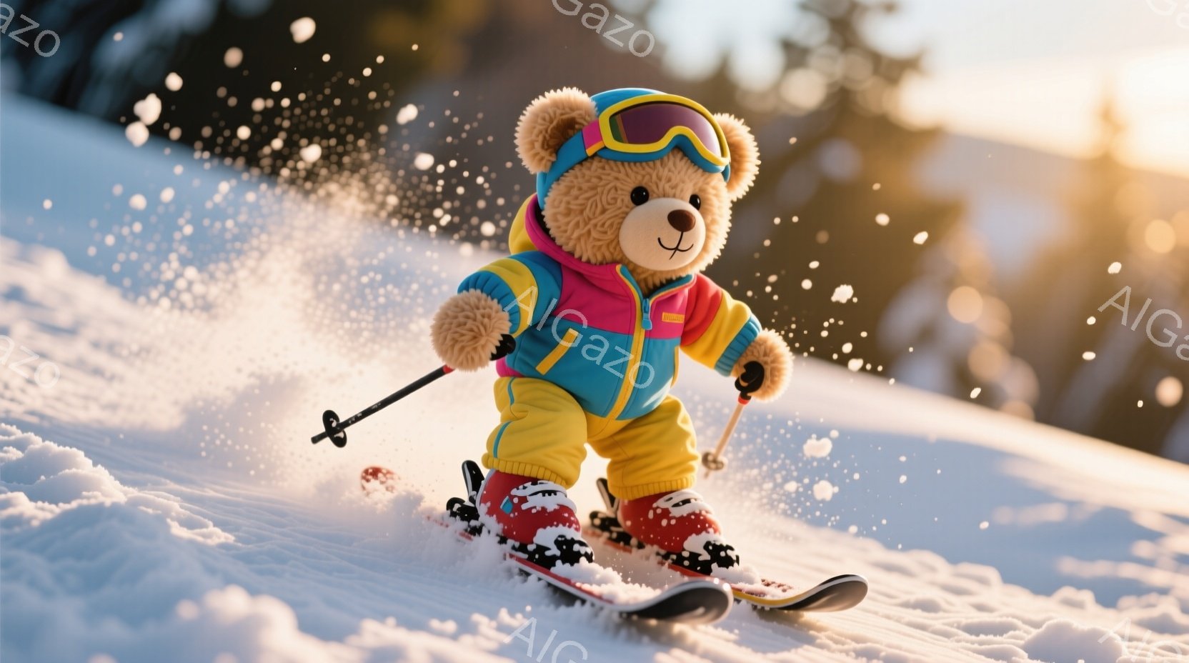 ふわふわの茶色のテディベアがスキーを楽しんでいる様子が描かれています。鮮やかなブルーとイエローのスキースーツ、赤いスキーブーツ、ゴーグルを身につけ、雪の上を滑走しています。背景は白い雪景色で、太陽の光が差し込み、冬の爽やかな雰囲気が漂っています。