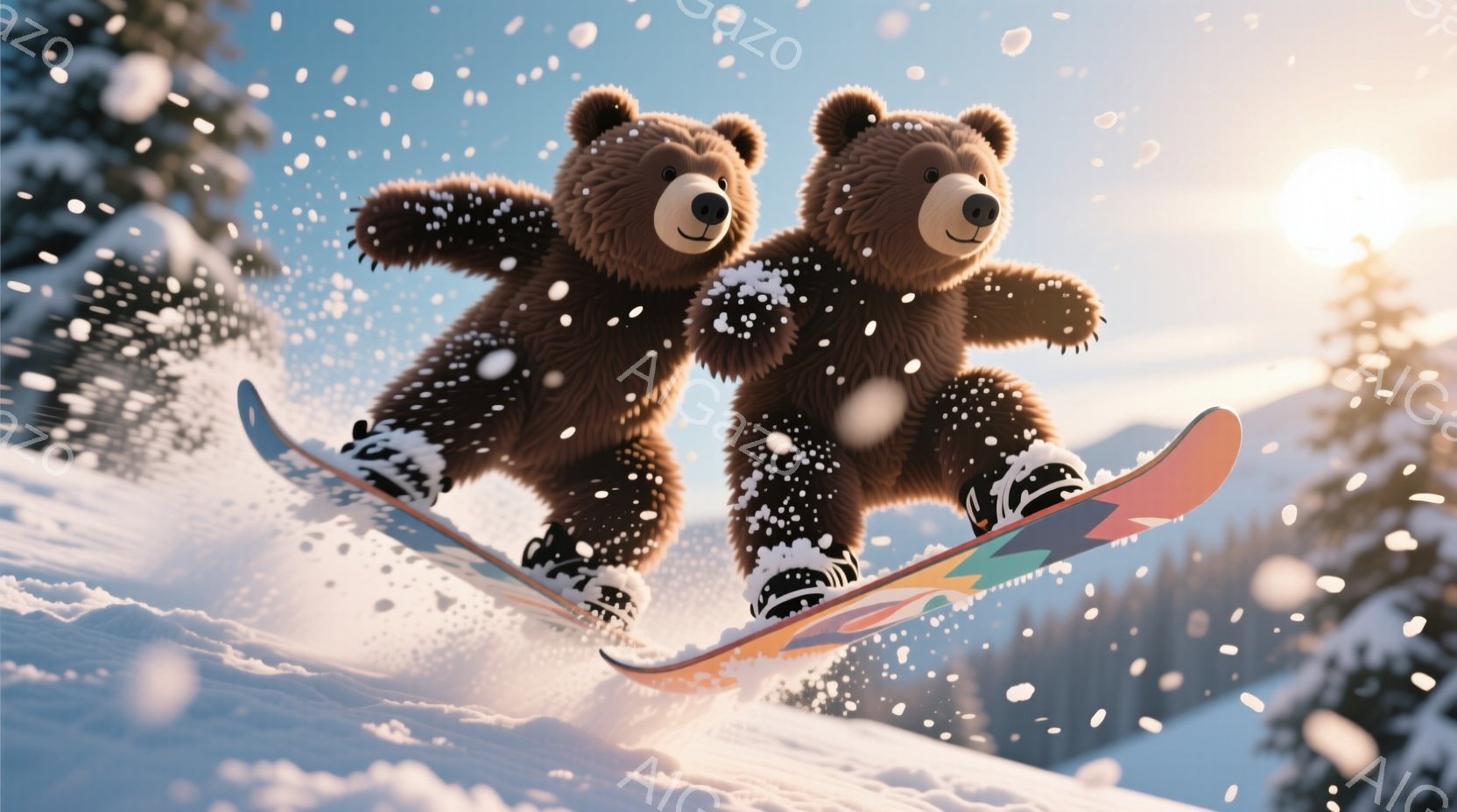 雪山をスノーボードで滑走する2匹の茶色のクマが描かれています。クマたちは白い雪に覆われたスノーボードに乗って、勢いよく滑っており、表情は楽しげです。背景には雪景色が広がり、遠くには針葉樹林が見え、暖かな日差しが降り注いでいます。