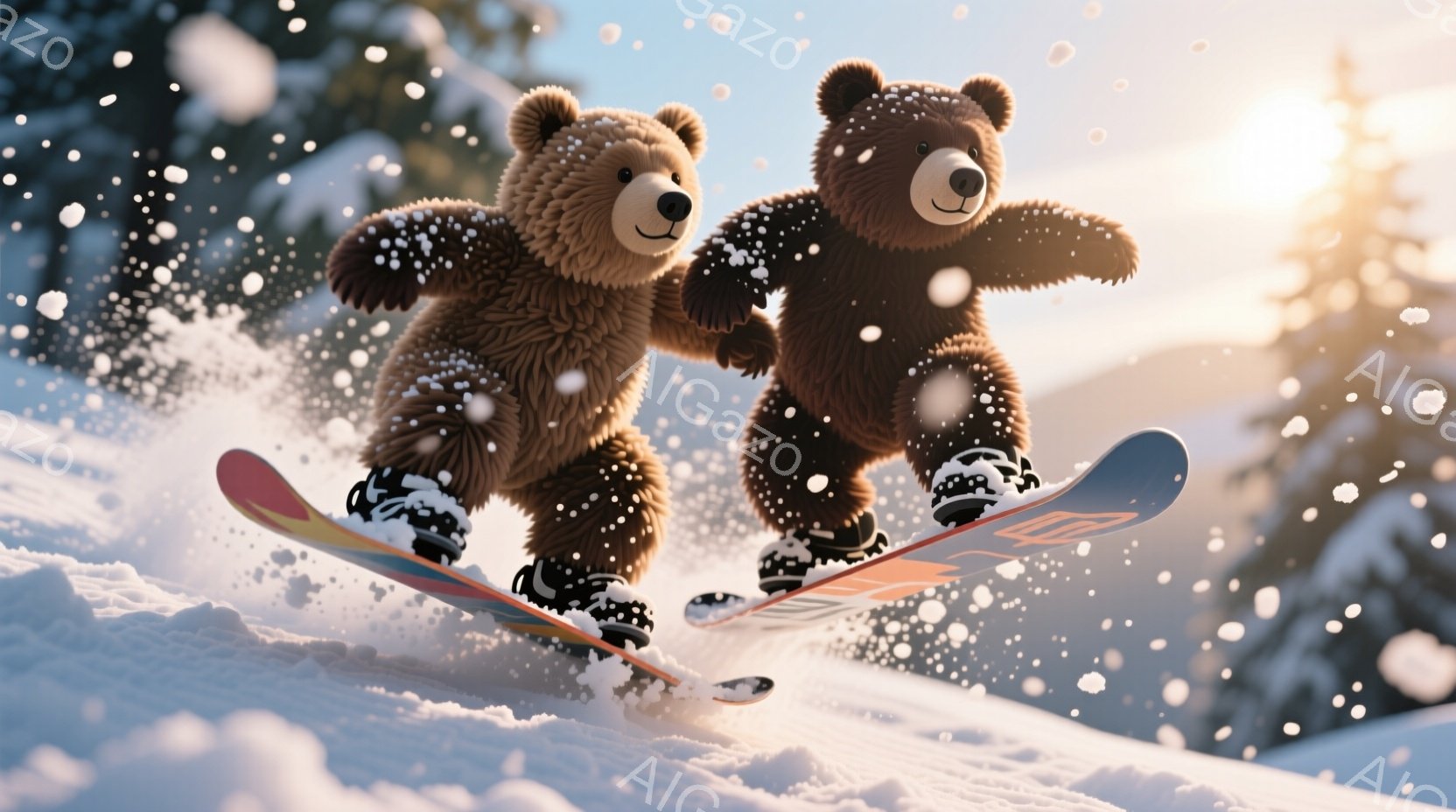 ふわふわの茶色の熊のキャラクターが、雪山でスノーボードを楽しんでいる様子が描かれています。二匹の熊は黒いブーツを履き、楽しそうな表情でスノーボードを乗りこなしており、周囲には雪が舞っています。背景には - AI生成フリー素材