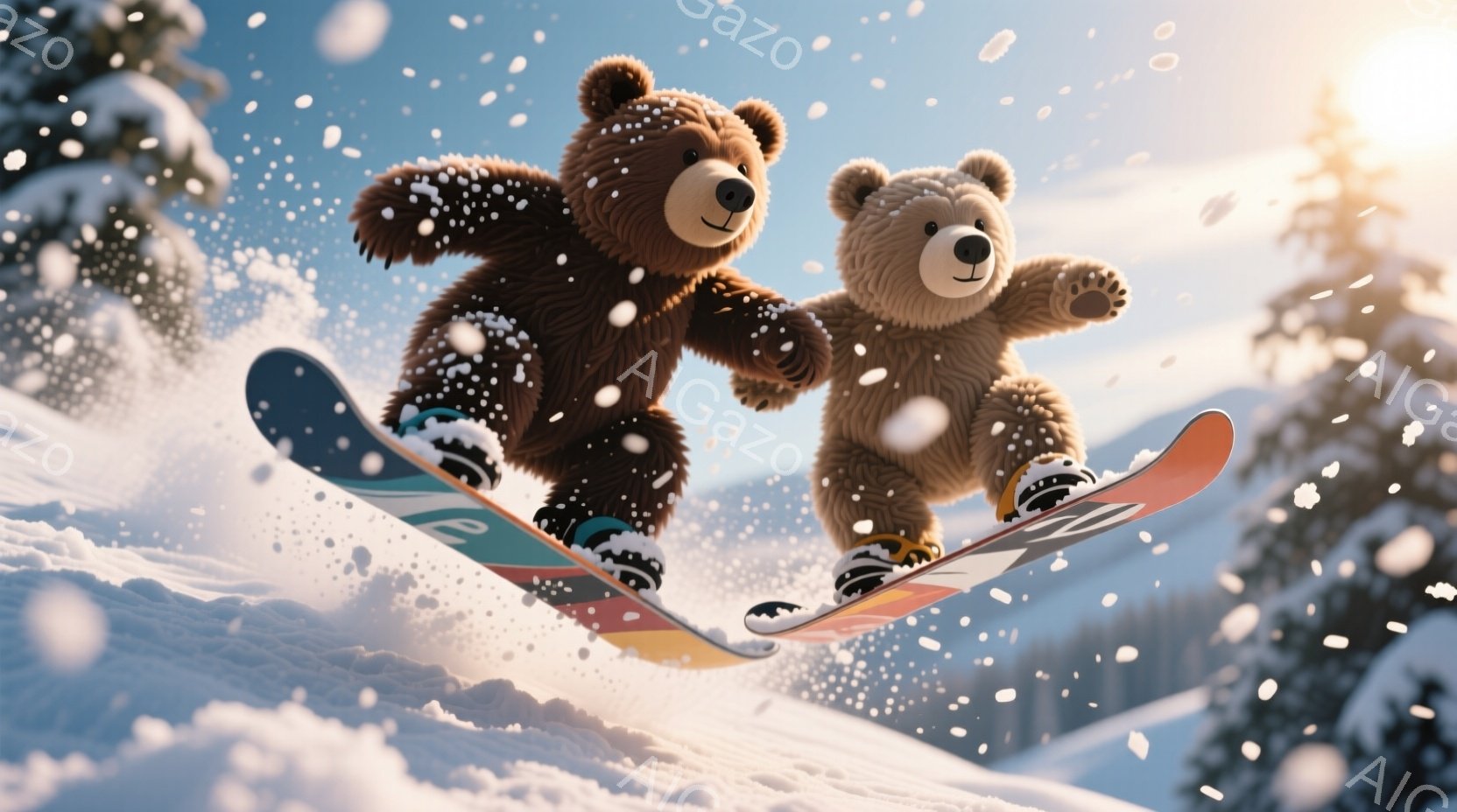 雪山をスノーボードで滑る2匹のクマが描かれています。茶色とベージュの毛並みが特徴で、それぞれスノーボードに乗って空中でポーズを取っており、楽しそうな表情をしています。背景には雪に覆われた山々と木々が広 - AI生成フリー素材