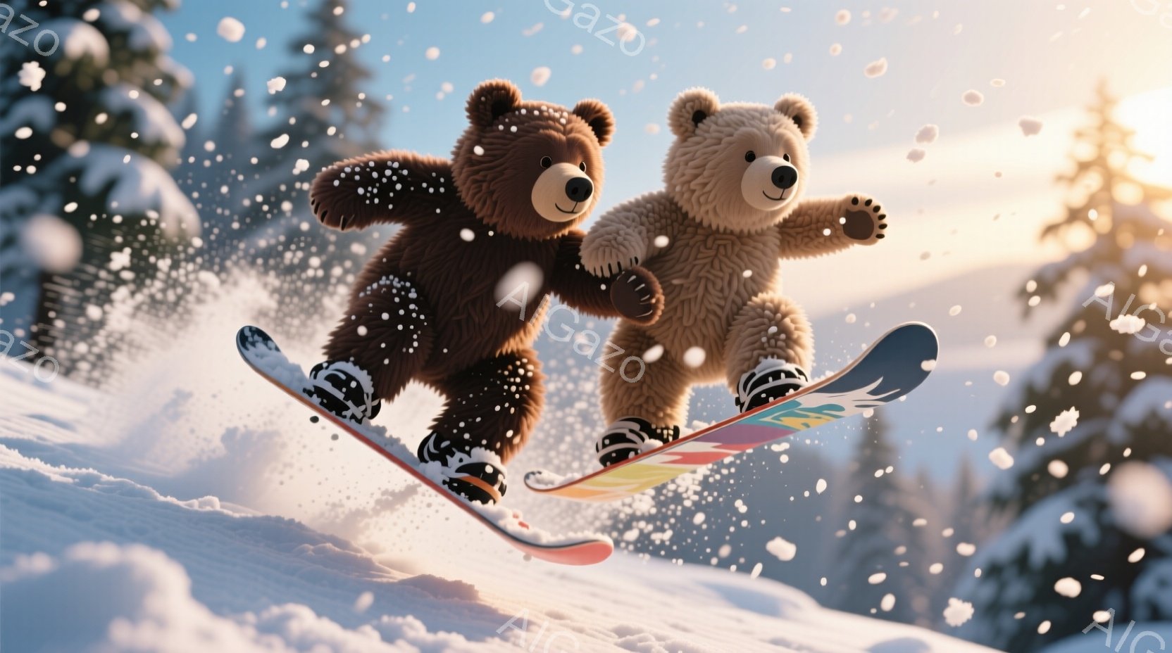 雪山をスノーボードで滑る2匹のクマが描かれています。片方のクマは茶色、もう片方のクマは明るいベージュ色で、どちらも黒いブーツを履いています。背景には雪に覆われた木々と、夕焼けのような暖かい光が広がり、 - AI生成フリー素材