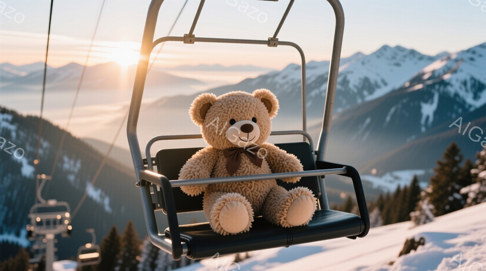 ふわふわの茶色のテディベアがスキーリフトの椅子に座っており、赤いリボンが首に結ばれています。背景には雪をまとった山々と、穏やかな夕焼け空が広がり、冬の穏やかな雰囲気が漂います。リフトは雪原の上を滑らか - AI生成フリー素材