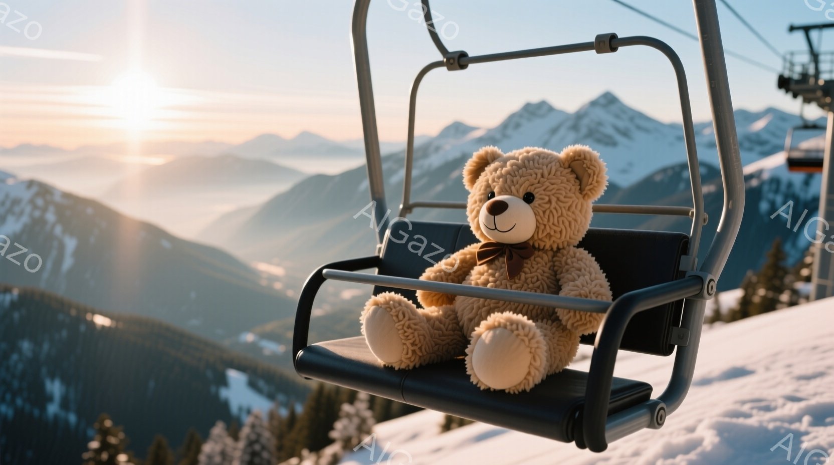 ふわふわの茶色のテディベアが、スキーリフトの座席に座っています。背景には雪を頂いた山々が広がり、空には太陽が輝いています。全体的に穏やかで可愛らしい雰囲気です。 - AI生成フリー素材