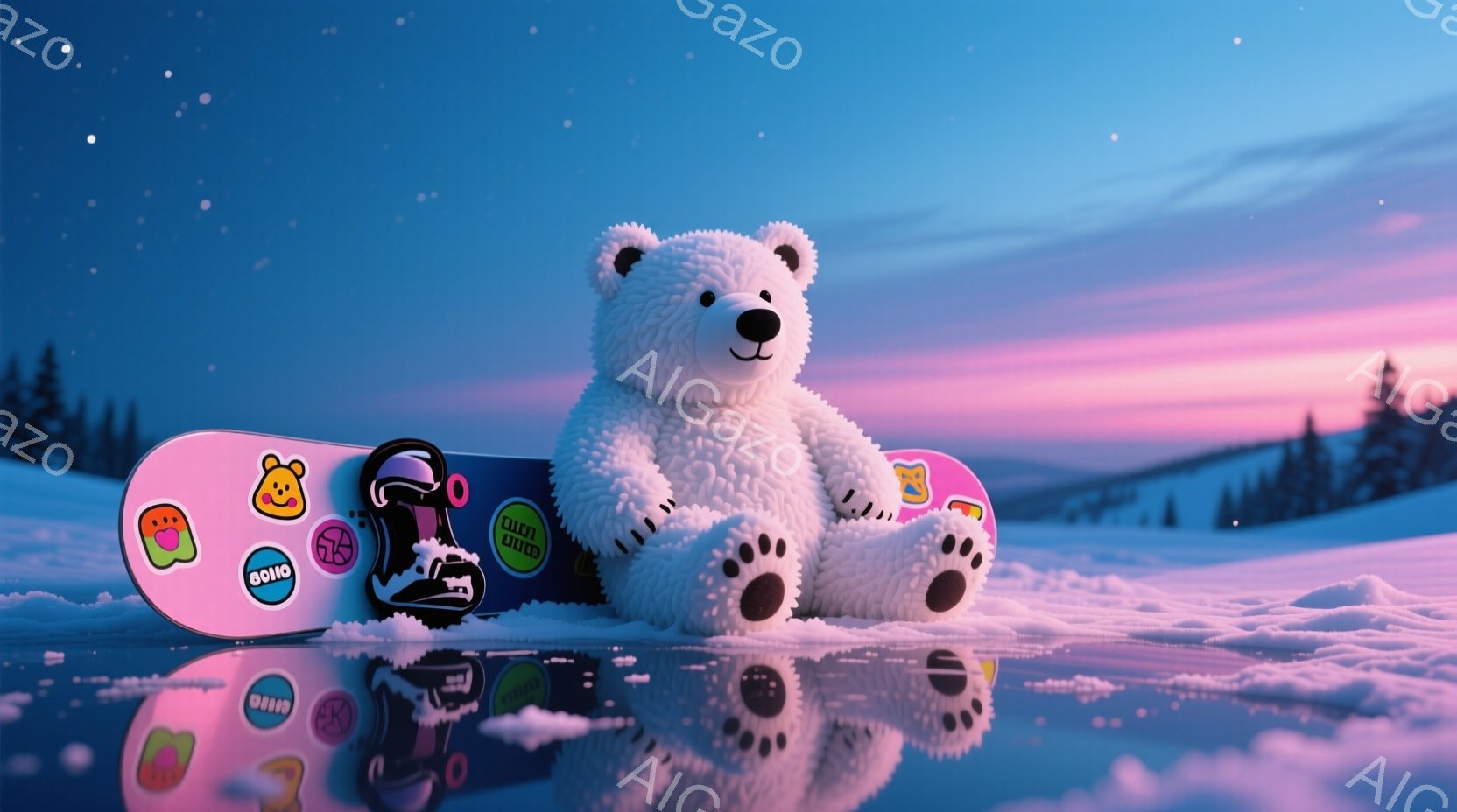 白いテディベアが雪の上に座り、ステッカーが貼られたピンク色のスノーボードにもたれている。背景には雪に覆われた山々と、ピンクと紫の夕焼け空が広がり、冬の穏やかな雰囲気を醸し出している。雪面にはテディベア - AI生成フリー素材