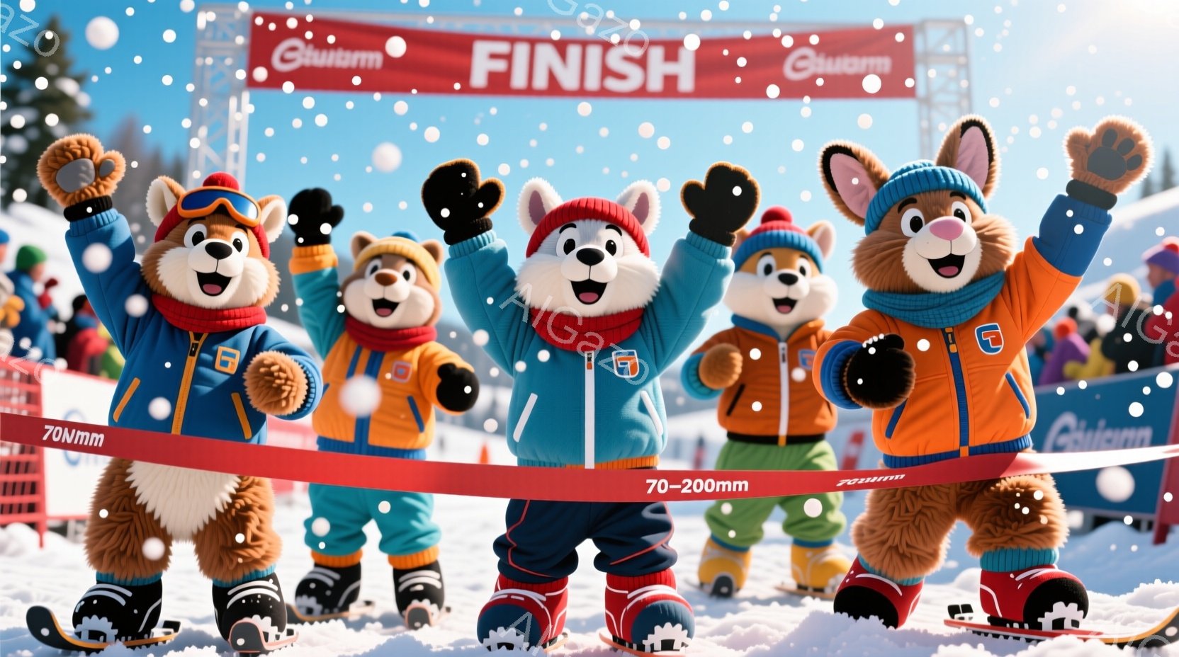 晴れた雪景色の中で、可愛らしいクマのキャラクターたちが、赤いフィニッシュラインの前で腕を高く上げて喜んでいます。彼らはそれぞれ、青いズボン、オレンジ色のジャケット、赤い帽子とマフラーを身に着け、雪の上にはスキー板が置かれています。背景には観客席らしきものが見え、遠くには雪山がそびえ立ち、全体的に明るく、活気のある冬のスポーツイベントの雰囲気を醸し出しています。