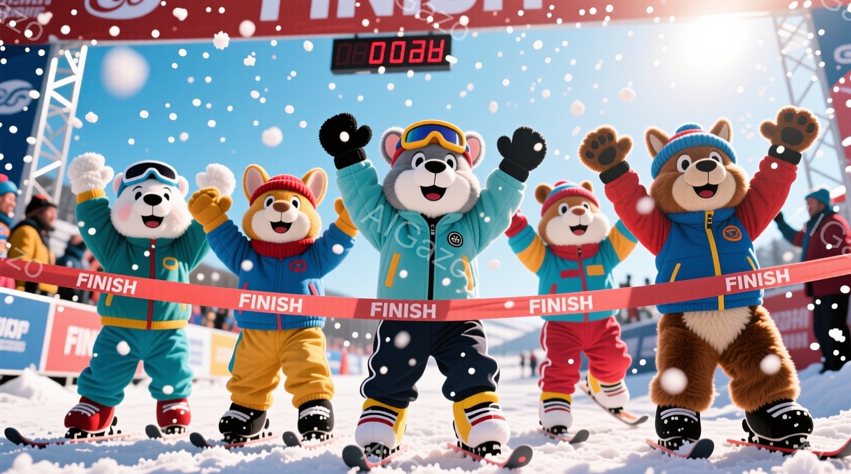 雪が降るスキー場で、可愛らしいクマのキャラクターたちがスキースティックを持って整列し、フィニッシュラインを越えようとしています。彼らはそれぞれ青と黄色のスキーウェアと帽子を身につけ、満面の笑顔で腕を高く上げています。背景には雪山とスキーリゾートの建物が見え、競技の興奮と冬の楽しさを表現しています。