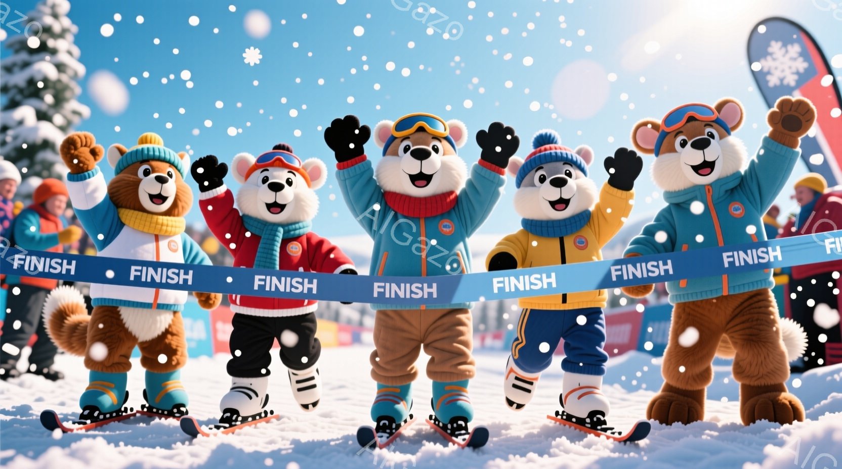 雪景色の中で、かわいらしいクマのキャラクターたちがスキーツアーを楽しんでいる様子が描かれています。彼らはそれぞれ明るい色のスキーウェアと帽子を身に着け、満面の笑顔でゴールテープを切っています。背景には雪山とスキーリゾートの建物が見え、雪が舞う冬の活気ある雰囲気が伝わってきます。