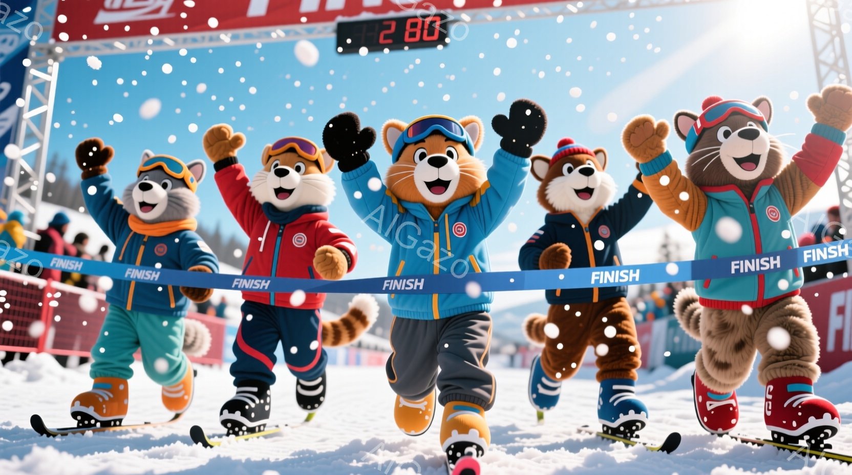 複数の毛皮で覆われたキャラクターがスキーをして雪の中で走っている様子が描かれています。彼らは明るい青と赤のスキースーツと帽子を着用し、手を上げて喜びを表しています。背景には雪が降り積もり、遠くにはスキーリゾートの建物が見え、全体的に陽気でエネルギッシュな雰囲気を醸し出しています。