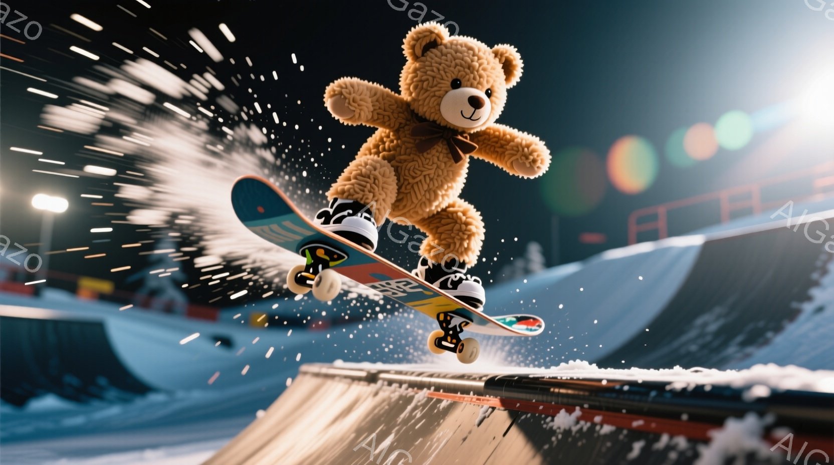 茶色のテディベアが、雪に覆われたハーフパイプでスケートボードに乗って空中に飛び出しています。ベアは黒いスニーカーを履き、赤いリボンを首に巻いており、活気に満ちたスケートボードの上で自信に満ちた姿勢でポーズを取っています。背景にはぼやけたスキーリゾートの景色が見え、活気のある雰囲気の中でアクションスポーツを楽しむ様子が伝わってきます。