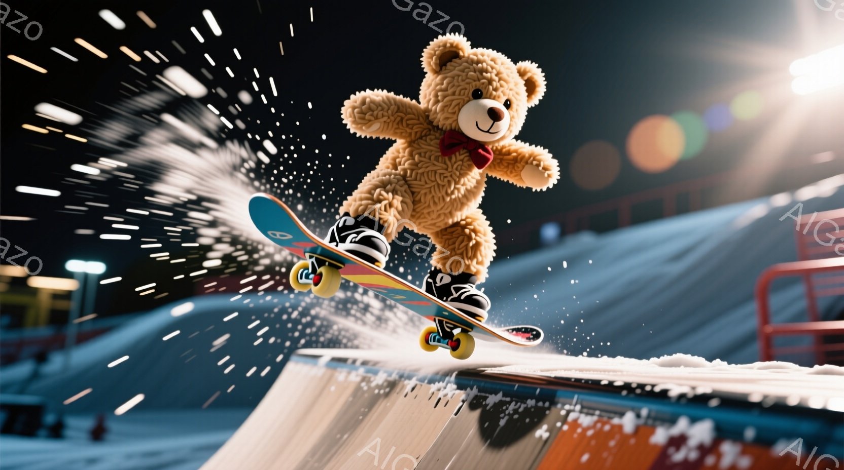 茶色のテディベアがスケートボードに乗り、ランプから飛び出す瞬間が捉えられています。赤いリボンを首に巻き、黒いスニーカーを履いており、表情は楽しげです。背景にはスケートパークのランプと観客席が見え、ダイナミックなモーションブラーがスピード感を強調しています。