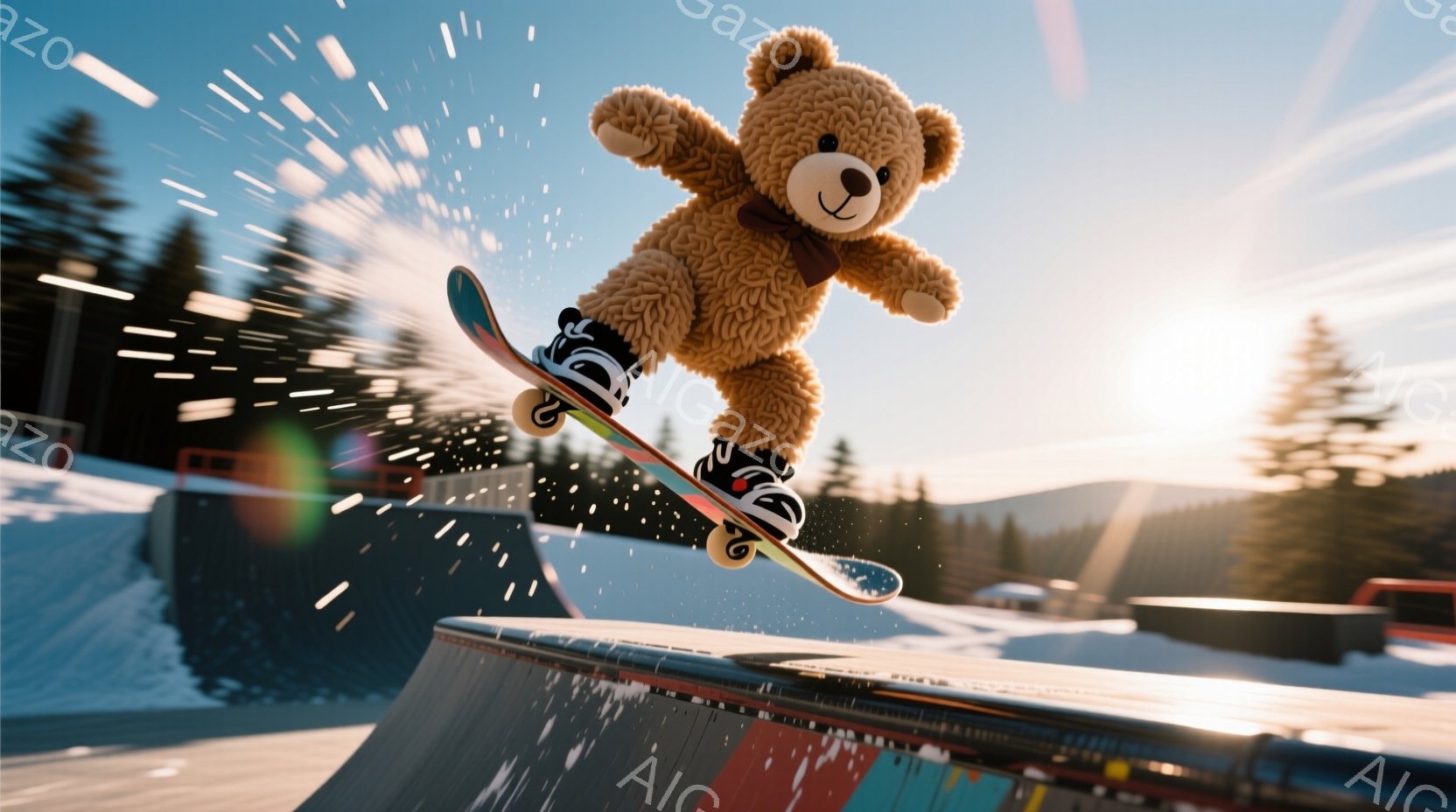 茶色のテディベアがスノーボードに乗ってトランポリンのような場所でジャンプしている様子が写っている。背景には雪景色と松の木々が見え、空には太陽が輝いている。全体的に、楽しさと躍動感に満ちた、遊び心のある雰囲気が漂っている。
