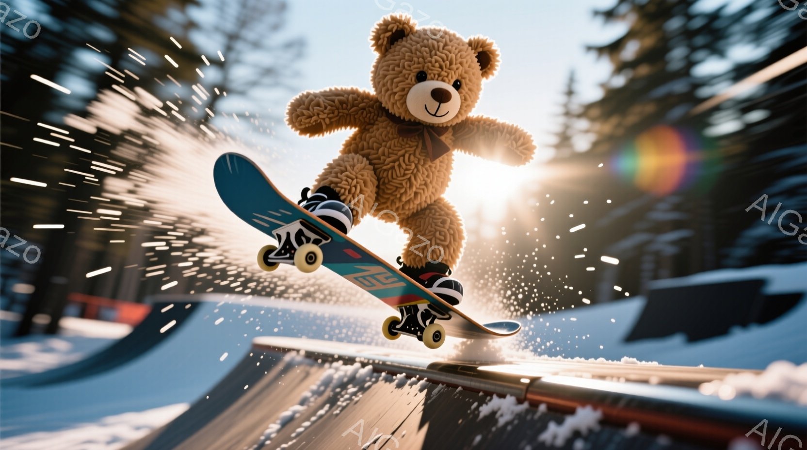 茶色のテディベアがスノーボードに乗って空中トリックを決めている様子が描かれています。背景には雪に覆われたパークがあり、遠くには木々が見えます。全体的に、躍動感があり、冬のスポーティーな雰囲気が漂っています。