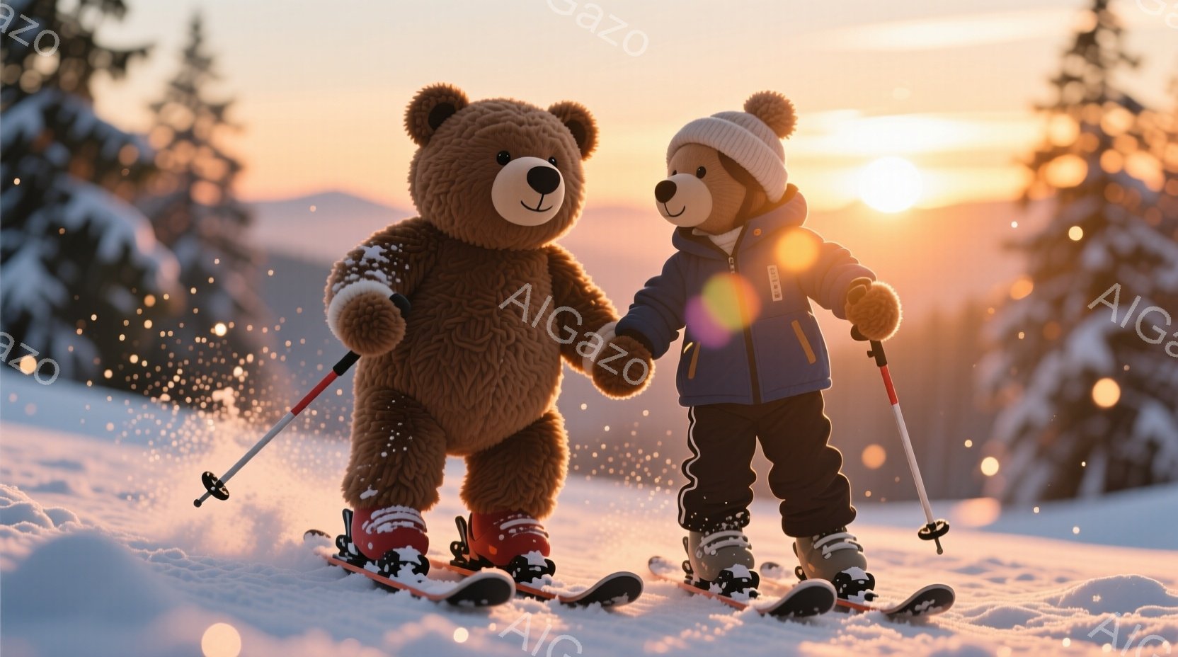 雪景色の中で、大きなテディベアと少年がスキーを楽しんでいる様子が描かれています。少年は濃い青色のスキーウェアに帽子をかぶり、テディベアの手を握りながら前に進んでいます。背景には雪に覆われた木々と、夕焼 - AI生成フリー素材